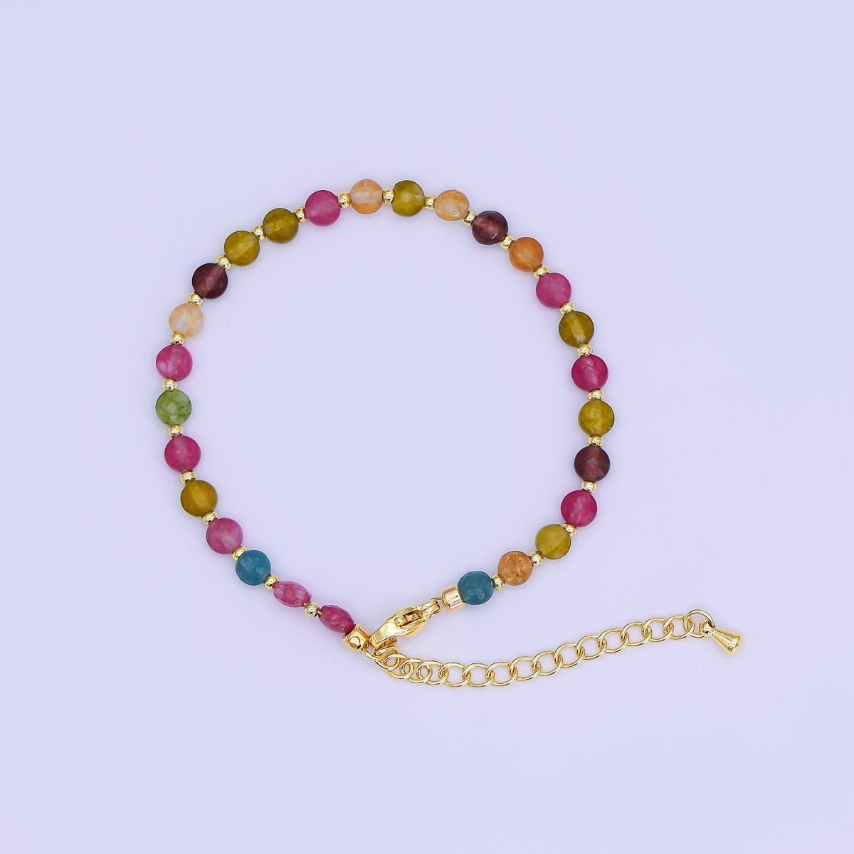 24K Gold Filled 4.5mm Multicolor Natural Gemstone Round Bead 6.5 Inch Bracelet | WA-3153