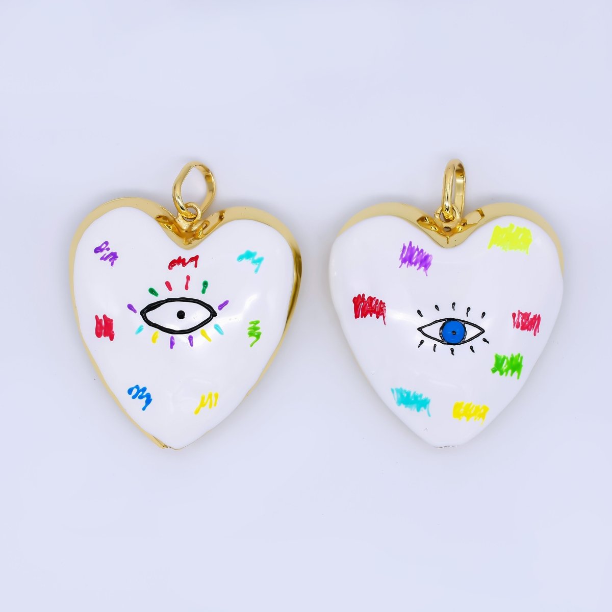 24K Gold Filled 48mm Evil Eye Art White Enamel Heart Charm | AH407 AH408