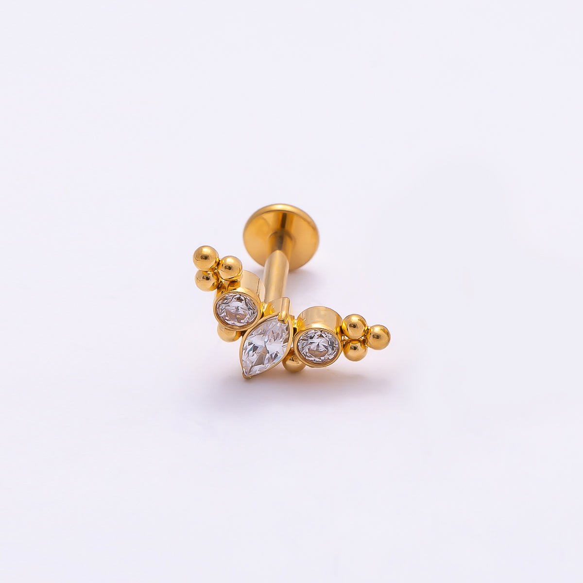 Titanium 4mm Clear CZ Marquise Round Bubble Single Cartilage Piercing Flat Back Stud in Gold & Silver | BJ-00057 BJ-00058