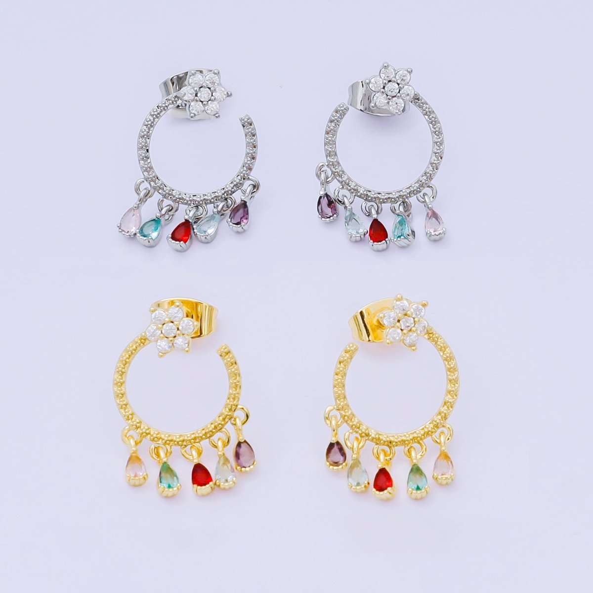 Flower 5-Teardrop Colorful Multicolor & Micro Paved CZ Studs Earrings in Gold & Silver | AJ-103 AJ-117