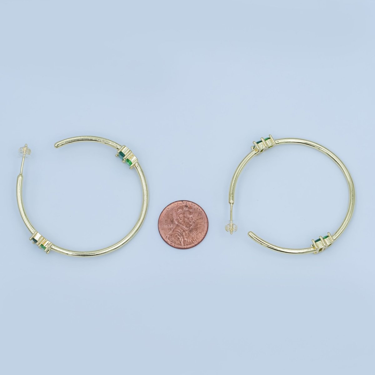 24K Gold Filled 50mm Green Baguette Round CZ C-Shaped Hoop Earrings | AD367