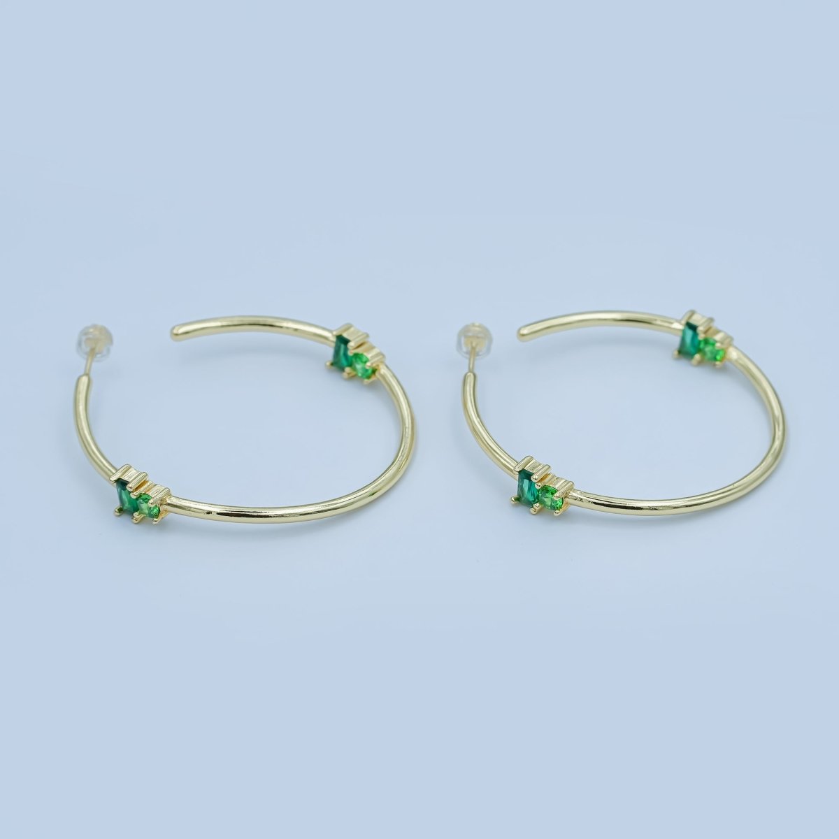 24K Gold Filled 50mm Green Baguette Round CZ C-Shaped Hoop Earrings | AD367