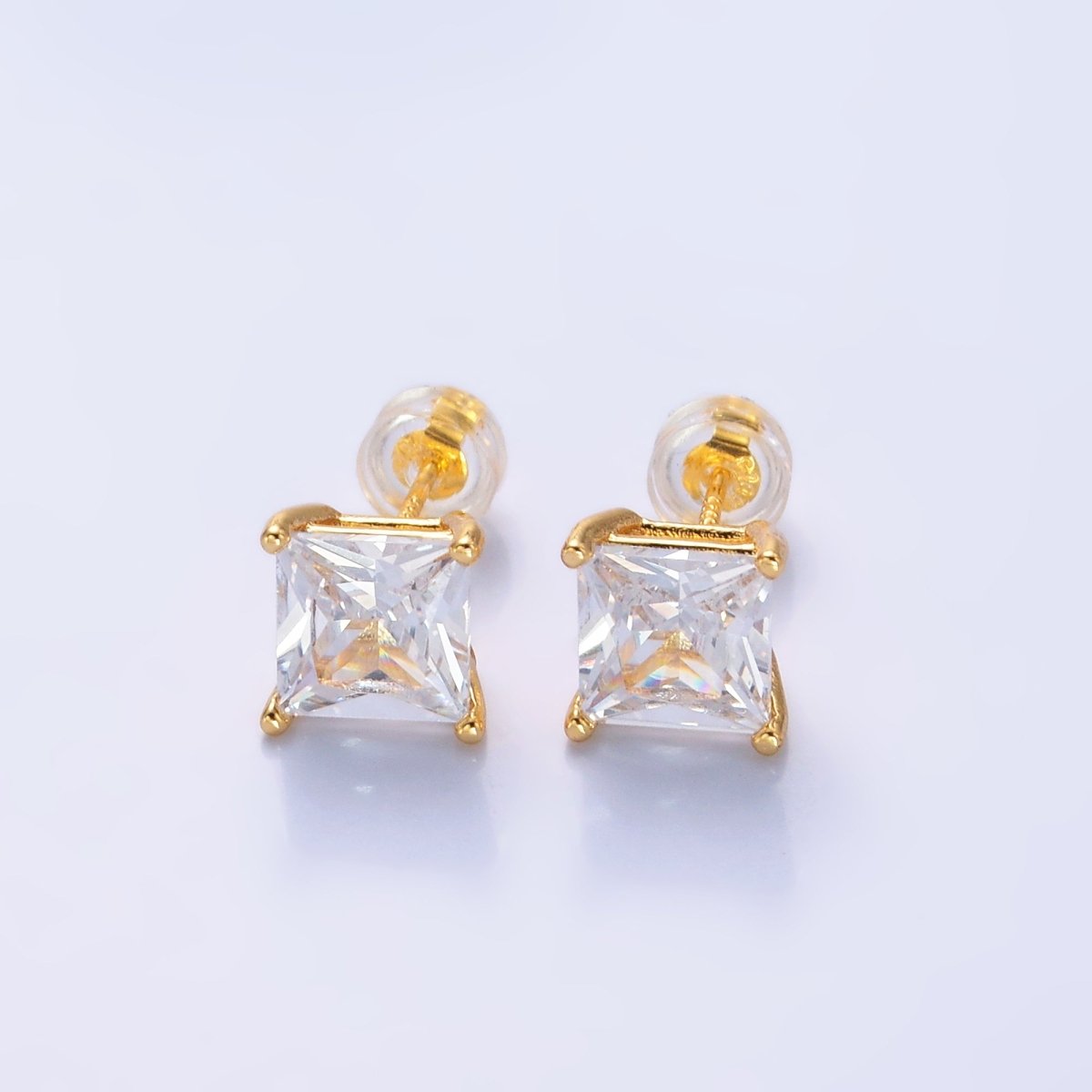 24K Gold Filled 5mm, 6mm, 7mm, 9mm Clear CZ Square Baguette Stud Earrings | AB168 - AB185