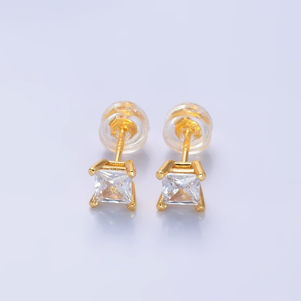 24K Gold Filled 5mm, 6mm, 7mm, 9mm Clear CZ Square Baguette Stud Earrings | AB168 - AB185