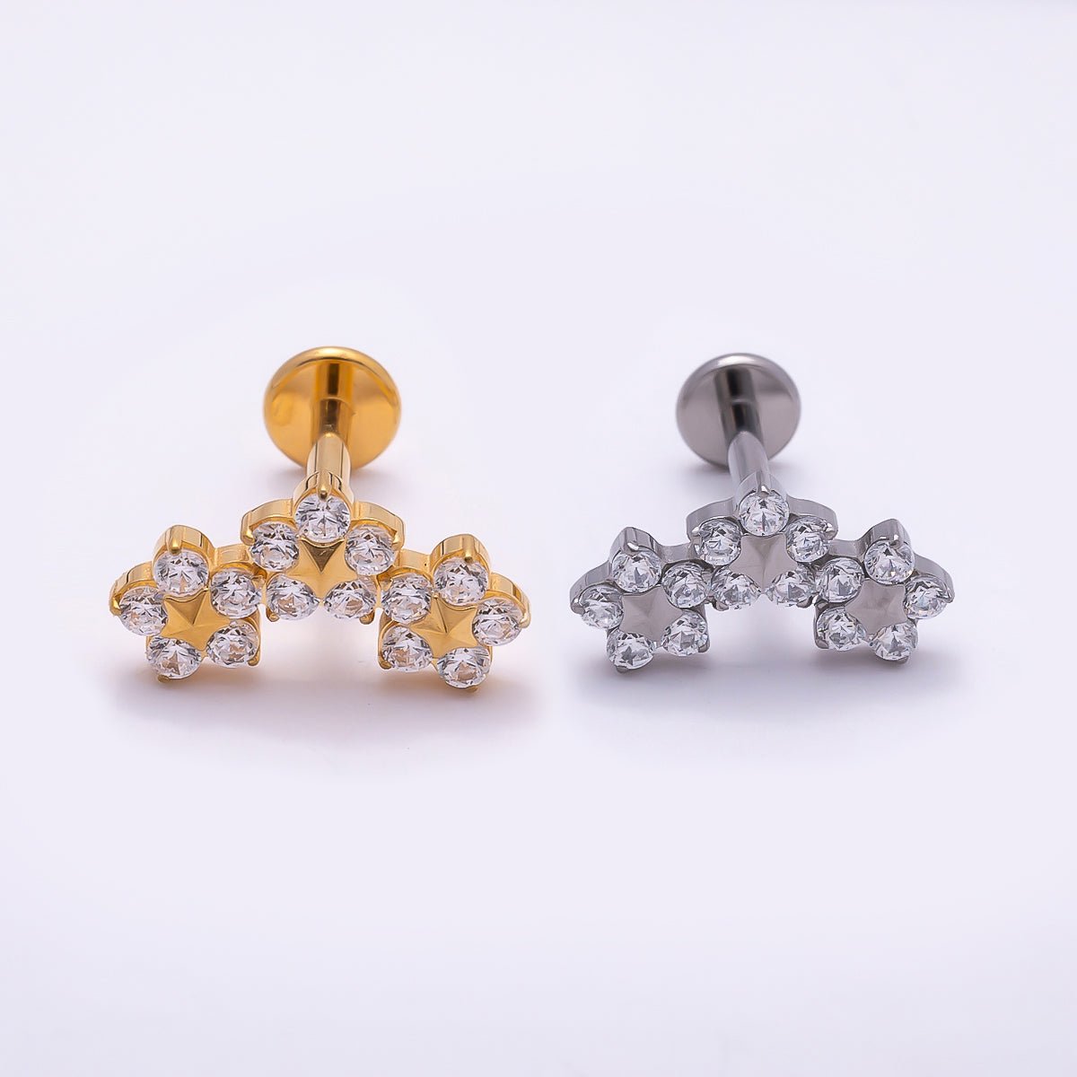 Titanium 6mm Clear CZ Triple Flower Cartilage Piercing Flat Back Stud in Gold & Silver | BJ-00071 BJ-00072