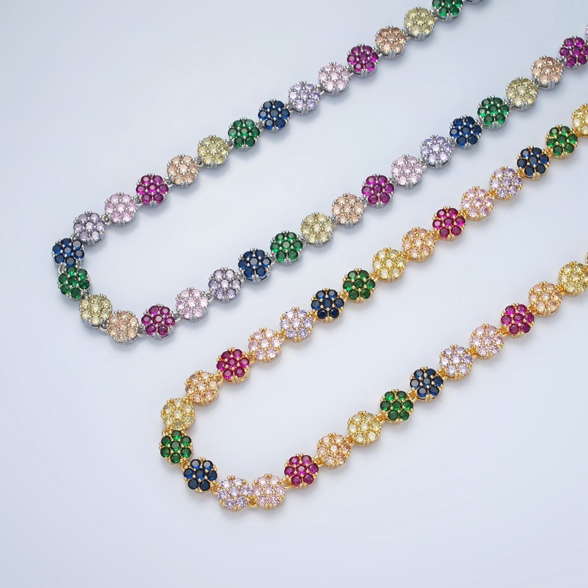 24K Gold Filled 7.8mm Multicolor CZ Flower 15.5 Inch Choker Necklace in Gold & Silver | WA-2563 WA-02564