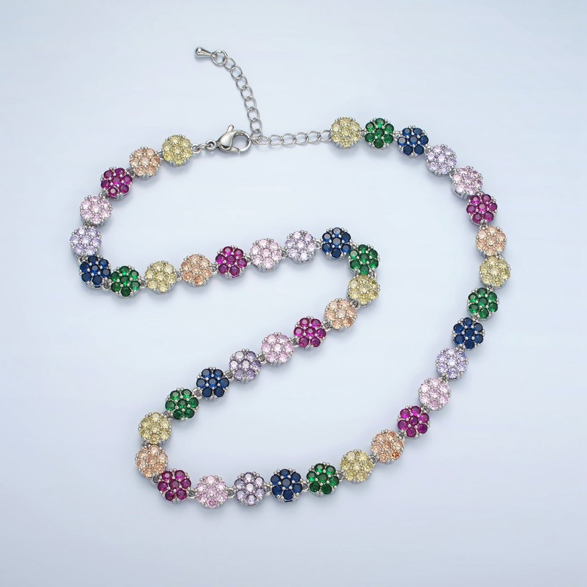 24K Gold Filled 7.8mm Multicolor CZ Flower 15.5 Inch Choker Necklace in Gold & Silver | WA-2563 WA-02564