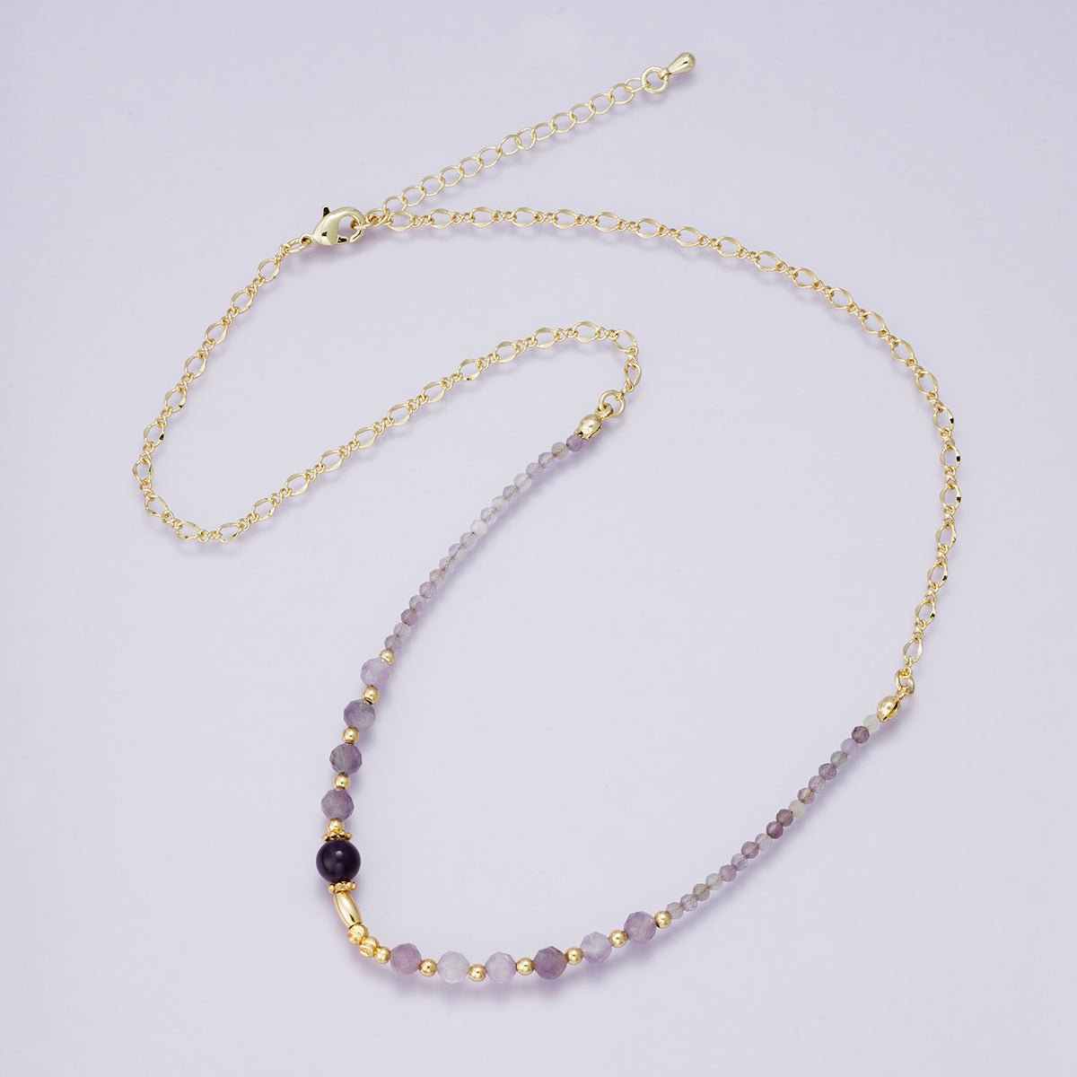 24K Gold Filled Amethyst Multifaceted Gemstone Ball Figaro Chain Half 18 Inch Necklace w. Extender | WA-04231