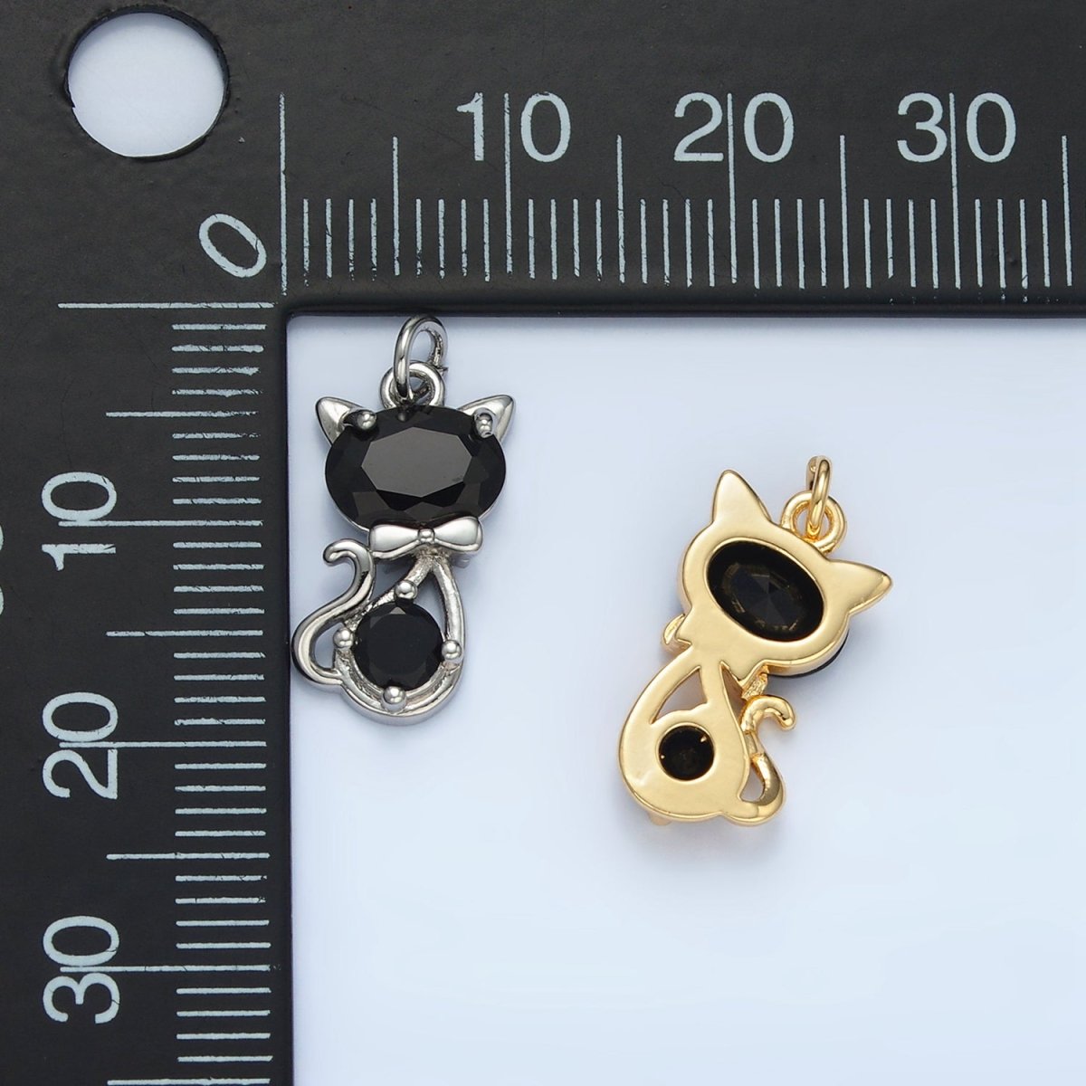 24K Gold Filled Black CZ Bow Tied Kitty Cat Animal Charm in Gold & Silver | X309