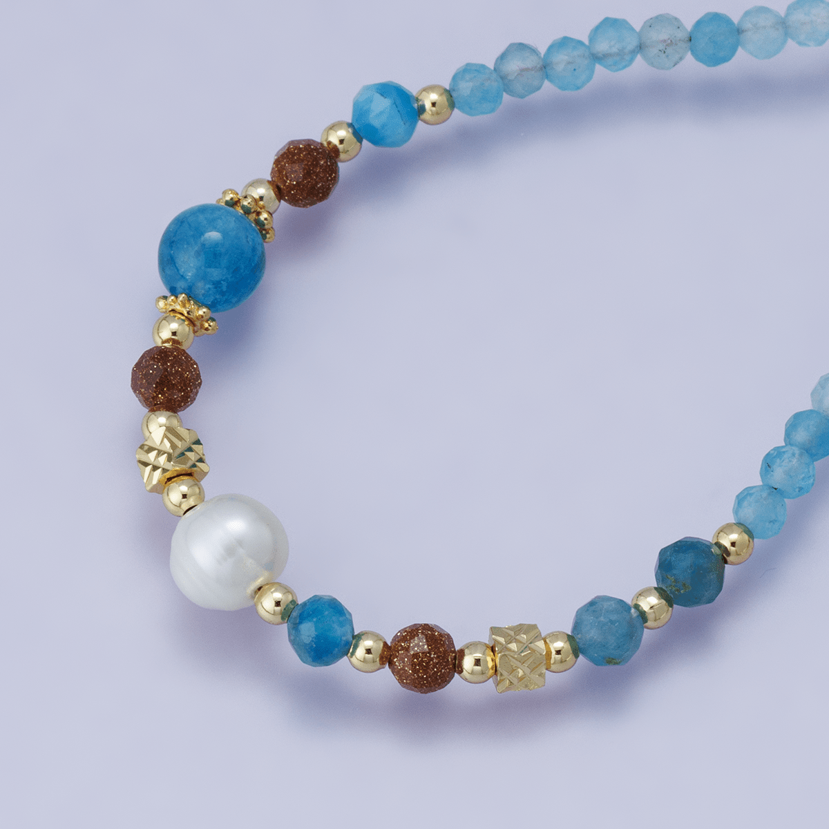 24K Gold Filled Blue Aquamarine Multifaceted Gemstone Bead Curb Chain Half 16 Inch Necklace w. Extender | WA-04204