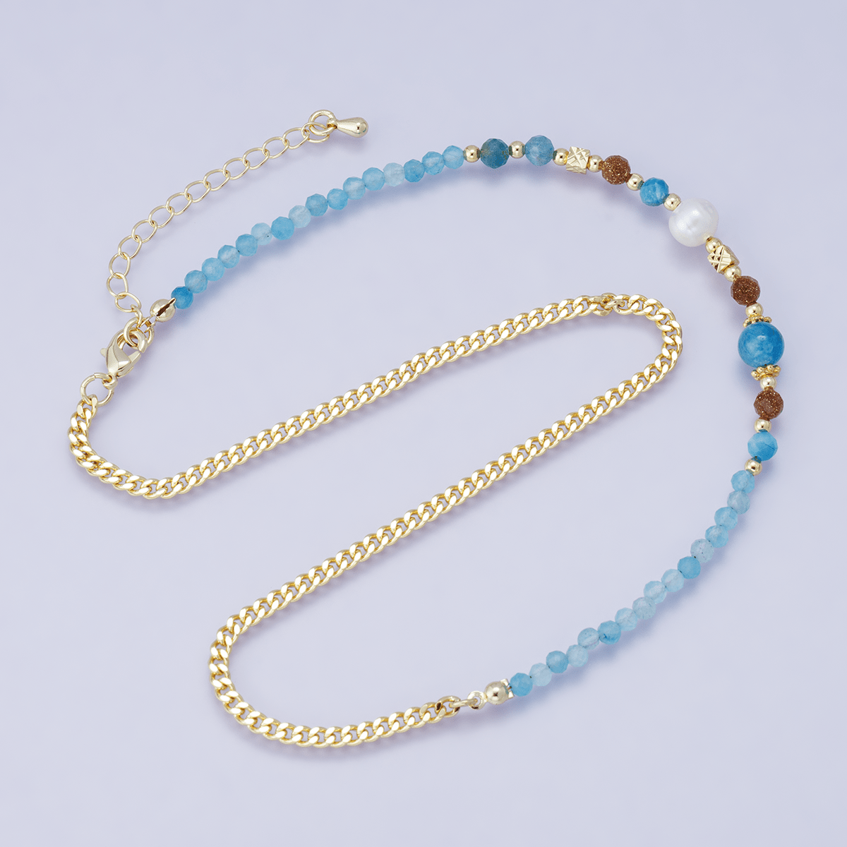 24K Gold Filled Blue Aquamarine Multifaceted Gemstone Bead Curb Chain Half 16 Inch Necklace w. Extender | WA-04204