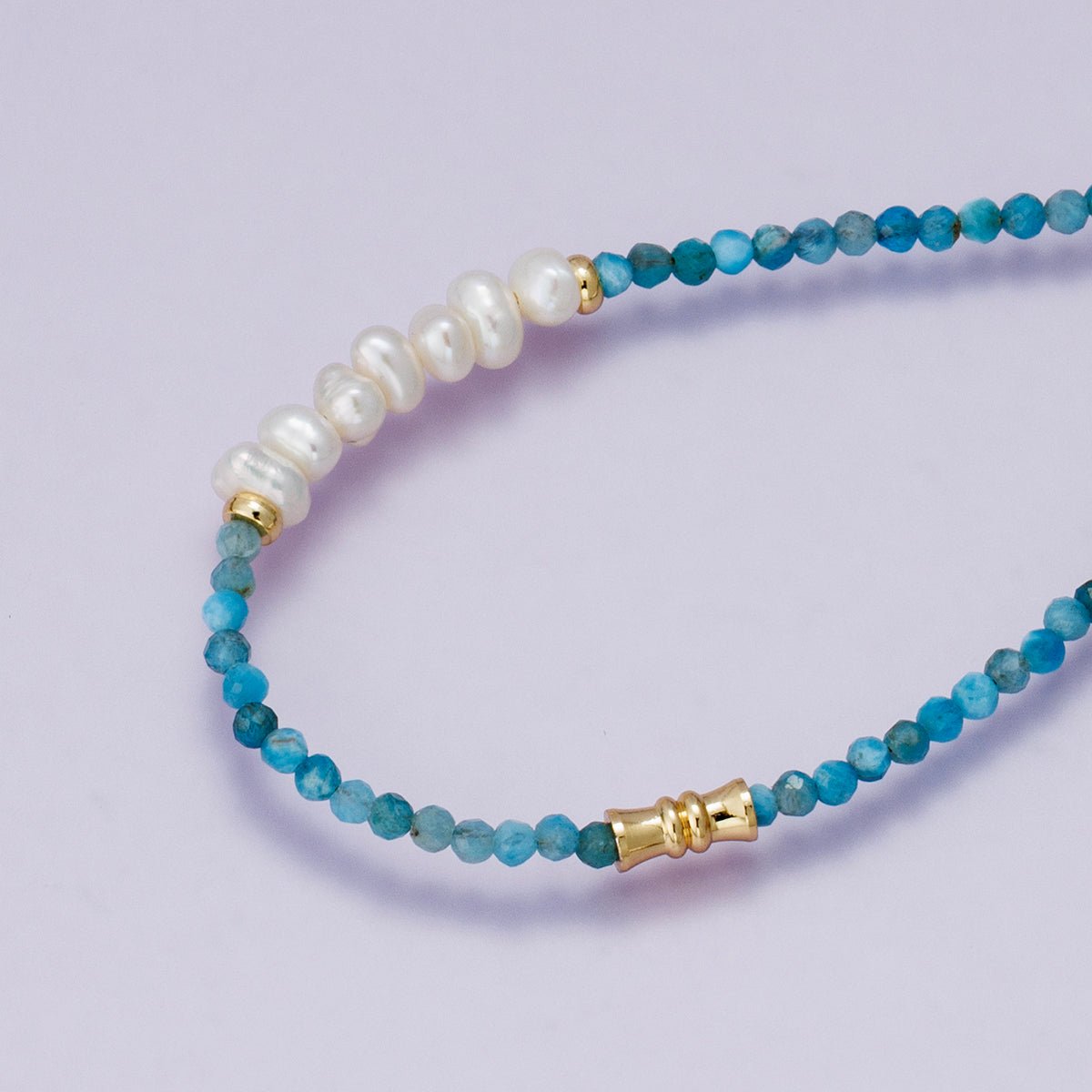 24K Gold Filled Blue Aquamarine Multifaceted Shell Pearl Gemstone Bead Paperclip Chain Half 18 Inch Necklace w. Extender | WA-04215