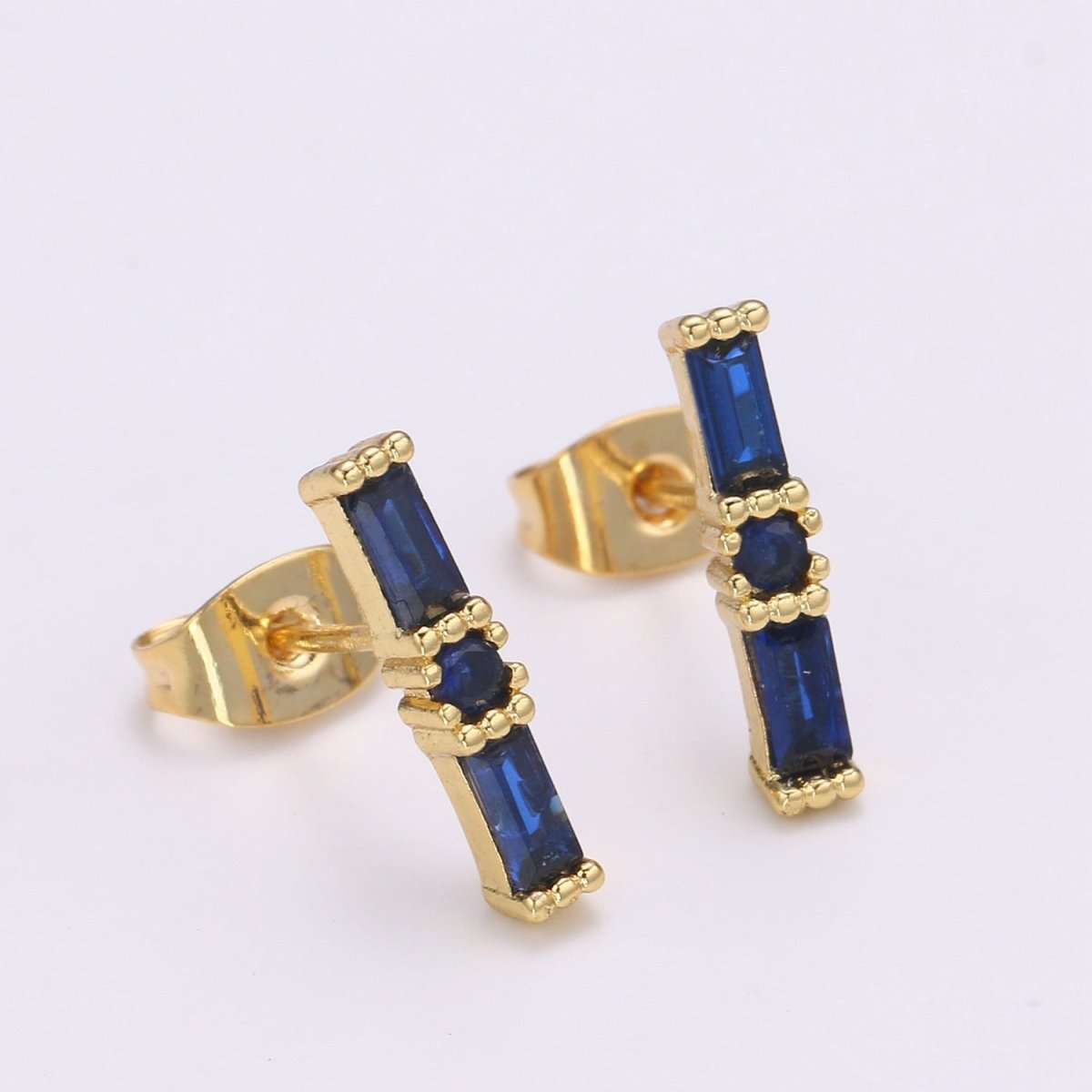24K Gold Filled Blue / Fuchsia Baguette CZ Stud Earrings | Q-498 Q-499