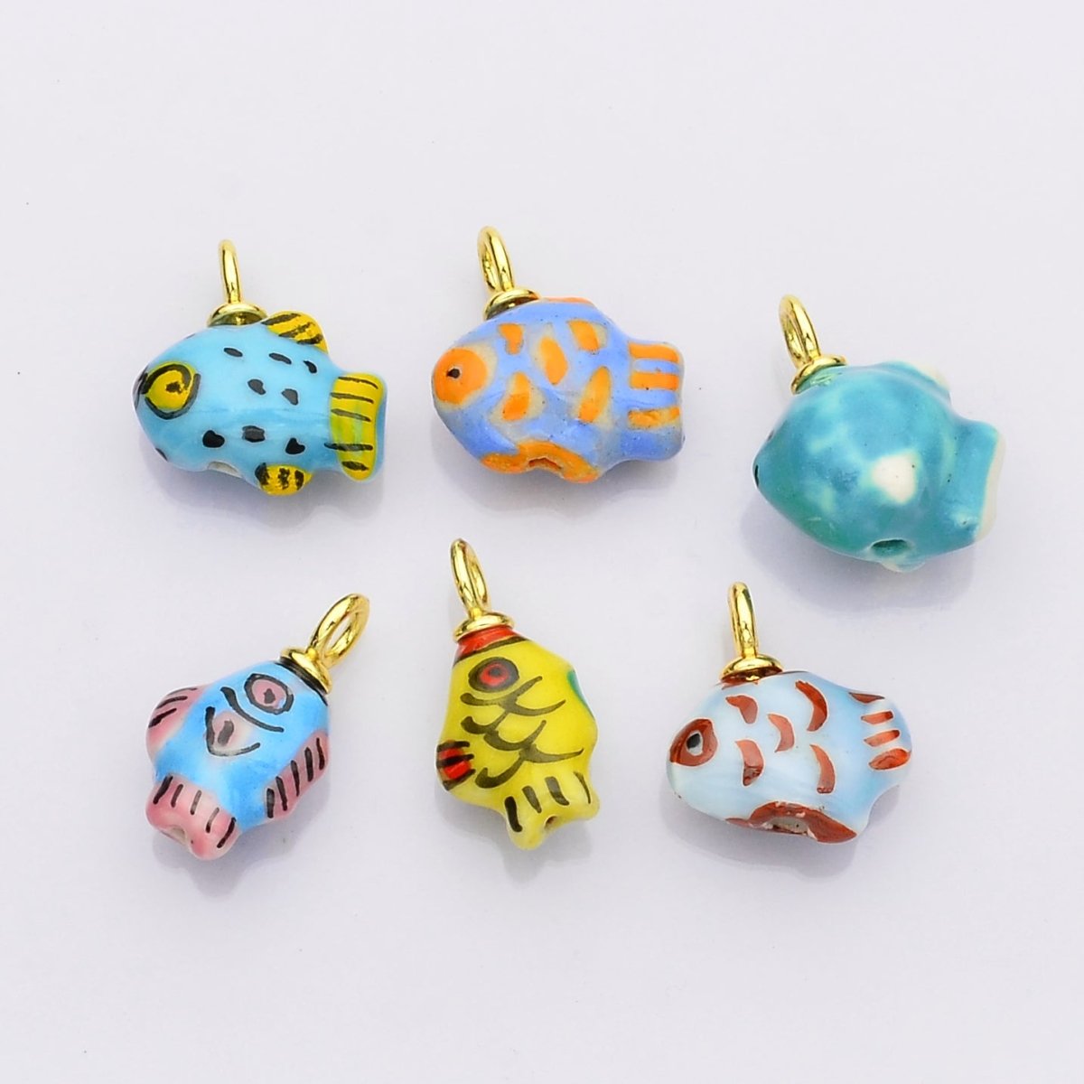 24K Gold Filled Blue, Green, Yellow Fish Ceramic Drop Pendant | N139 N140