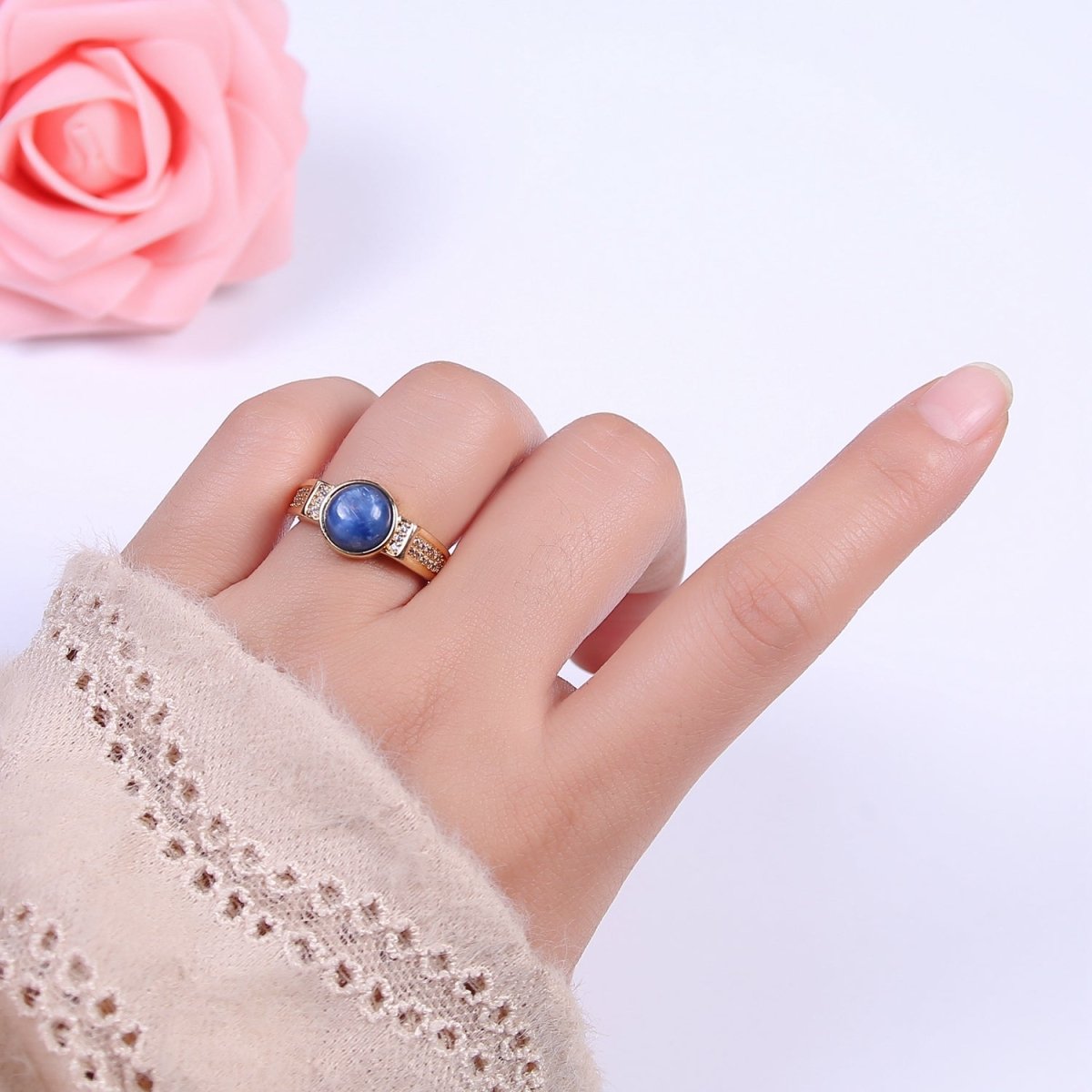 24K Gold Filled Blue Kyanite Gemstone Micro Paved CZ Signet Ring | U372