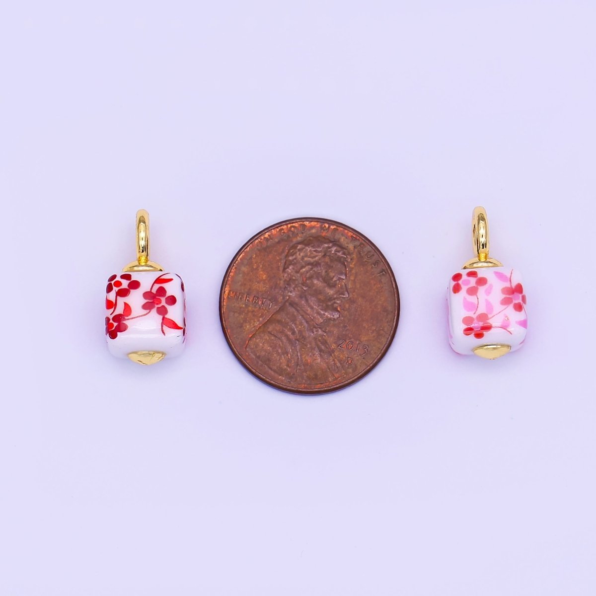 24K Gold Filled Blue, Pink, Brown, Red Daisy Flower Cube Ceramic Drop Pendant | E648 E704