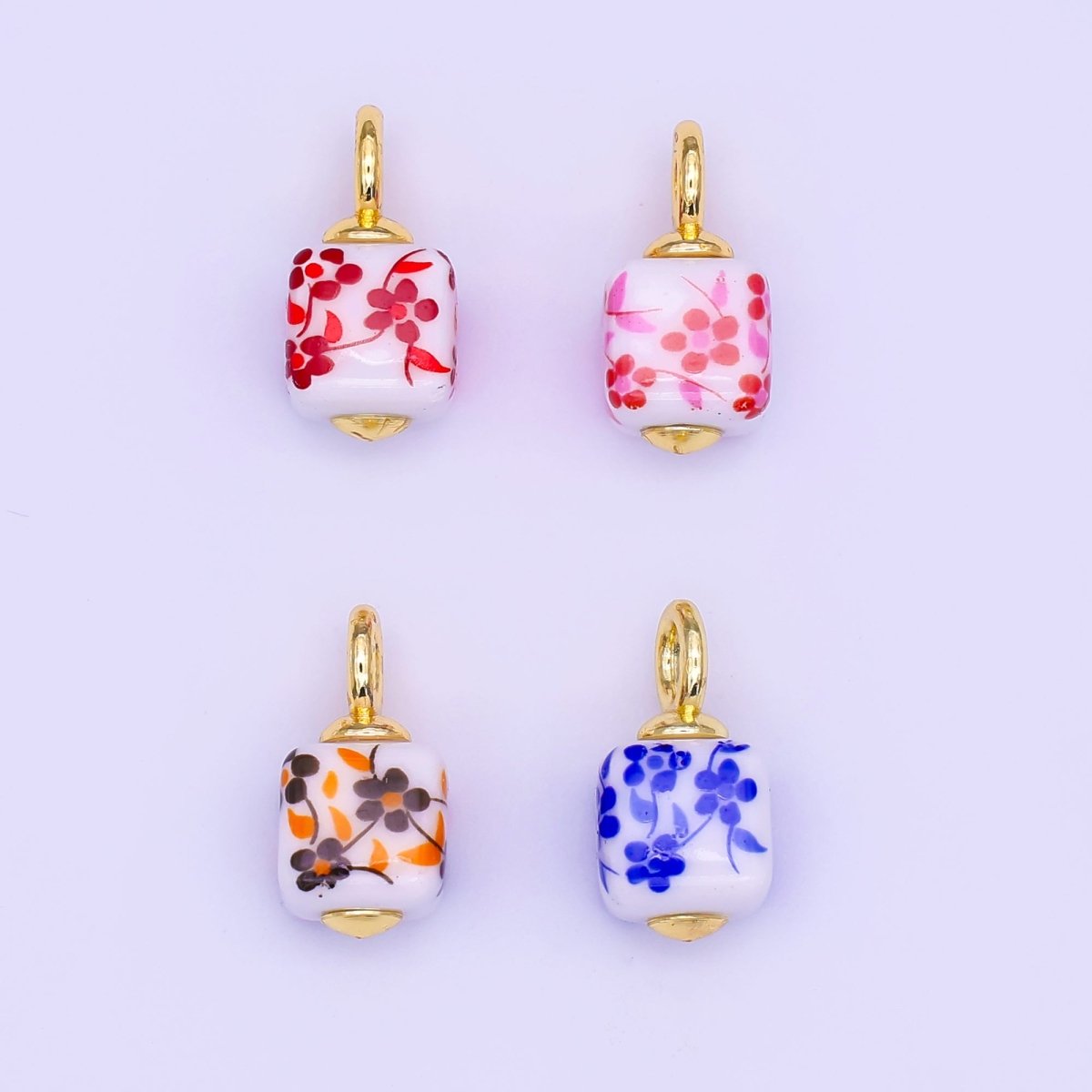 24K Gold Filled Blue, Pink, Brown, Red Daisy Flower Cube Ceramic Drop Pendant | E648 E704