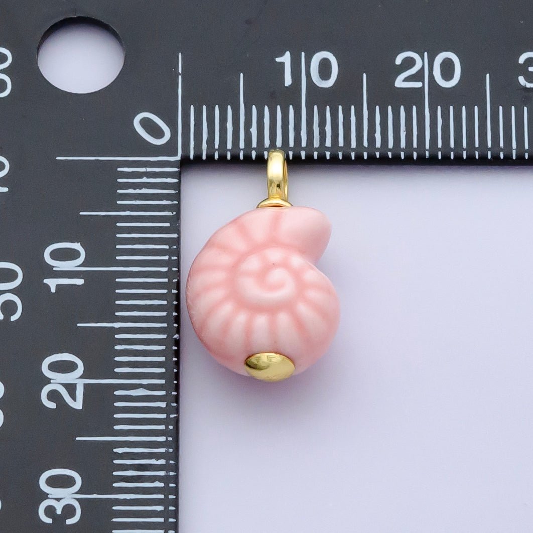 24K Gold Filled Blue, Pink Nautilus Clam Sea Shell Ceramic Drop Charm | N081