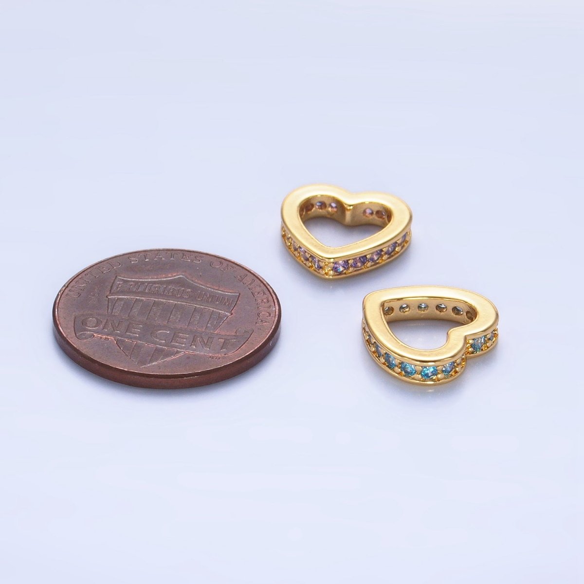 24K Gold Filled Blue, Purple, Clear, Turquoise, Pink Micro Paved CZ Heart Rhondelle Bead | B087 - B089