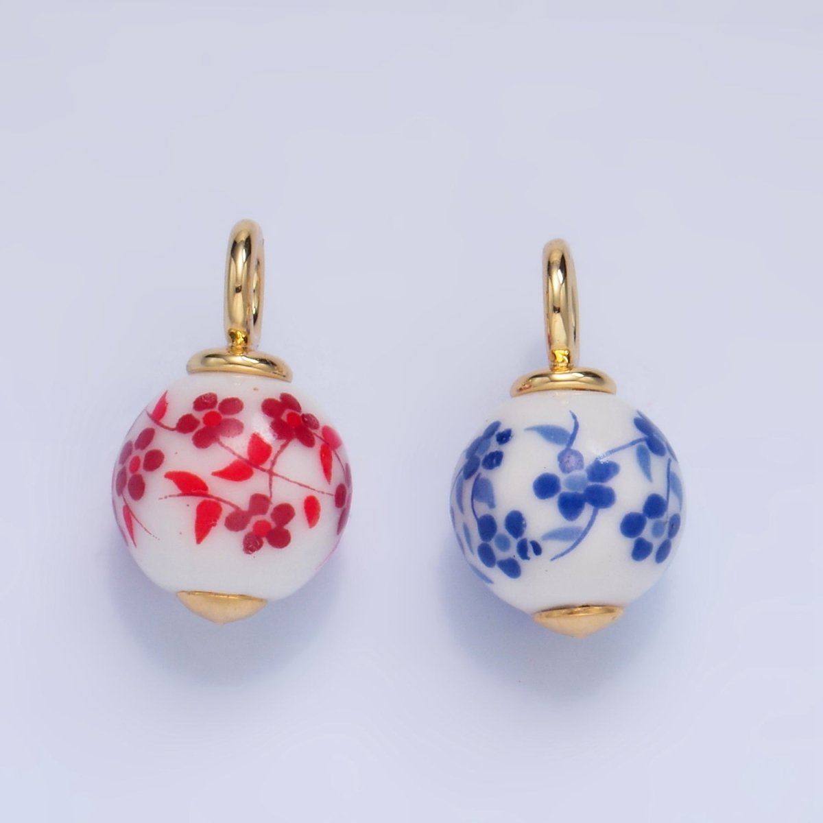 24K Gold Filled Blue, Red Flowers Ceramic Drop Charm | W123
