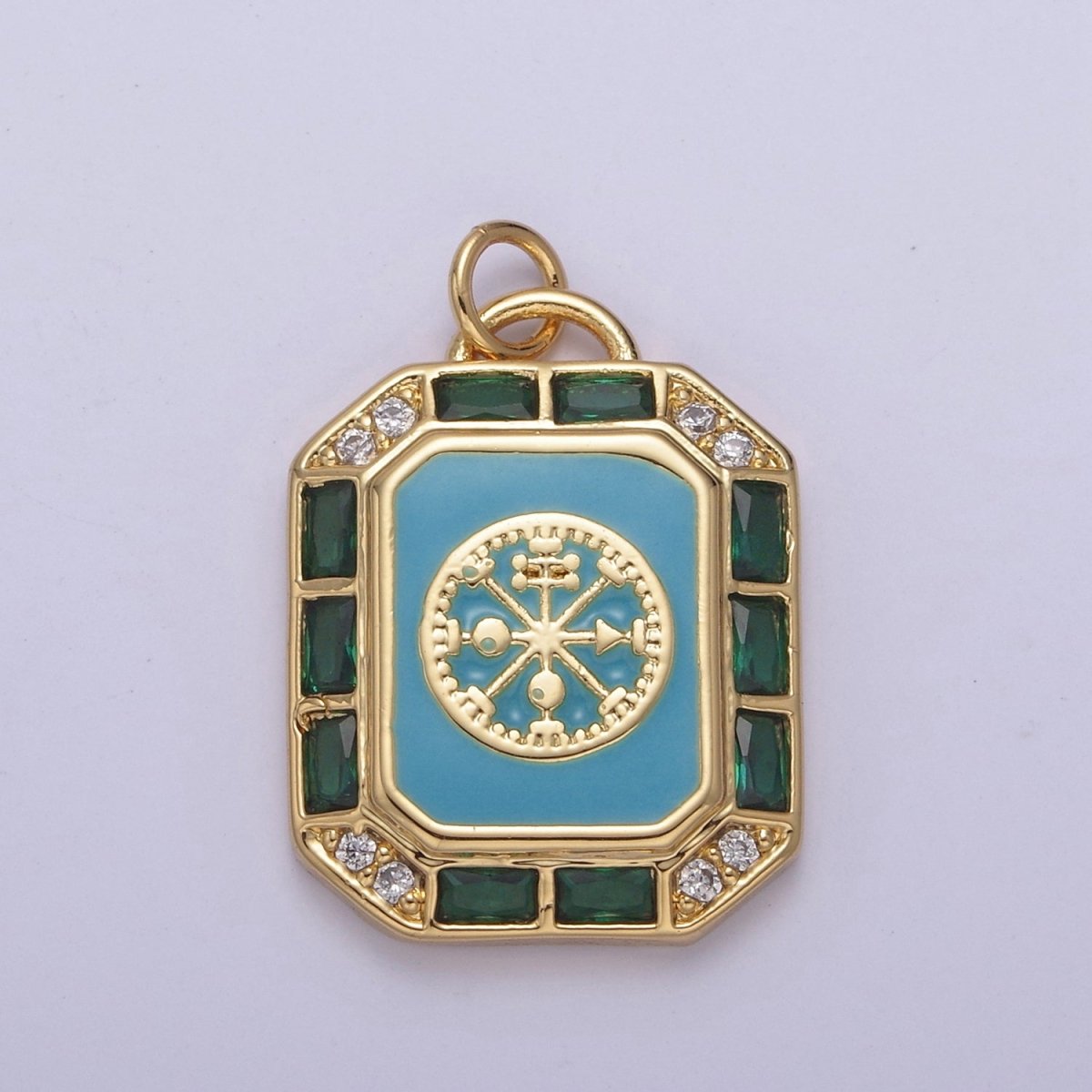 24K Gold Filled Blue / Teal Enamel Tag Tile Compass Baguette Octagonal Charm E-774 N-746