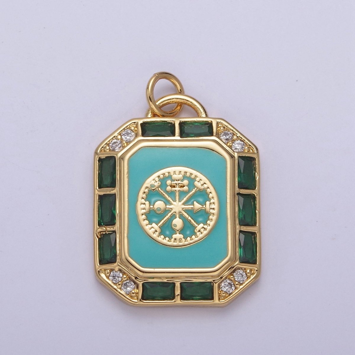 24K Gold Filled Blue / Teal Enamel Tag Tile Compass Baguette Octagonal Charm E-774 N-746