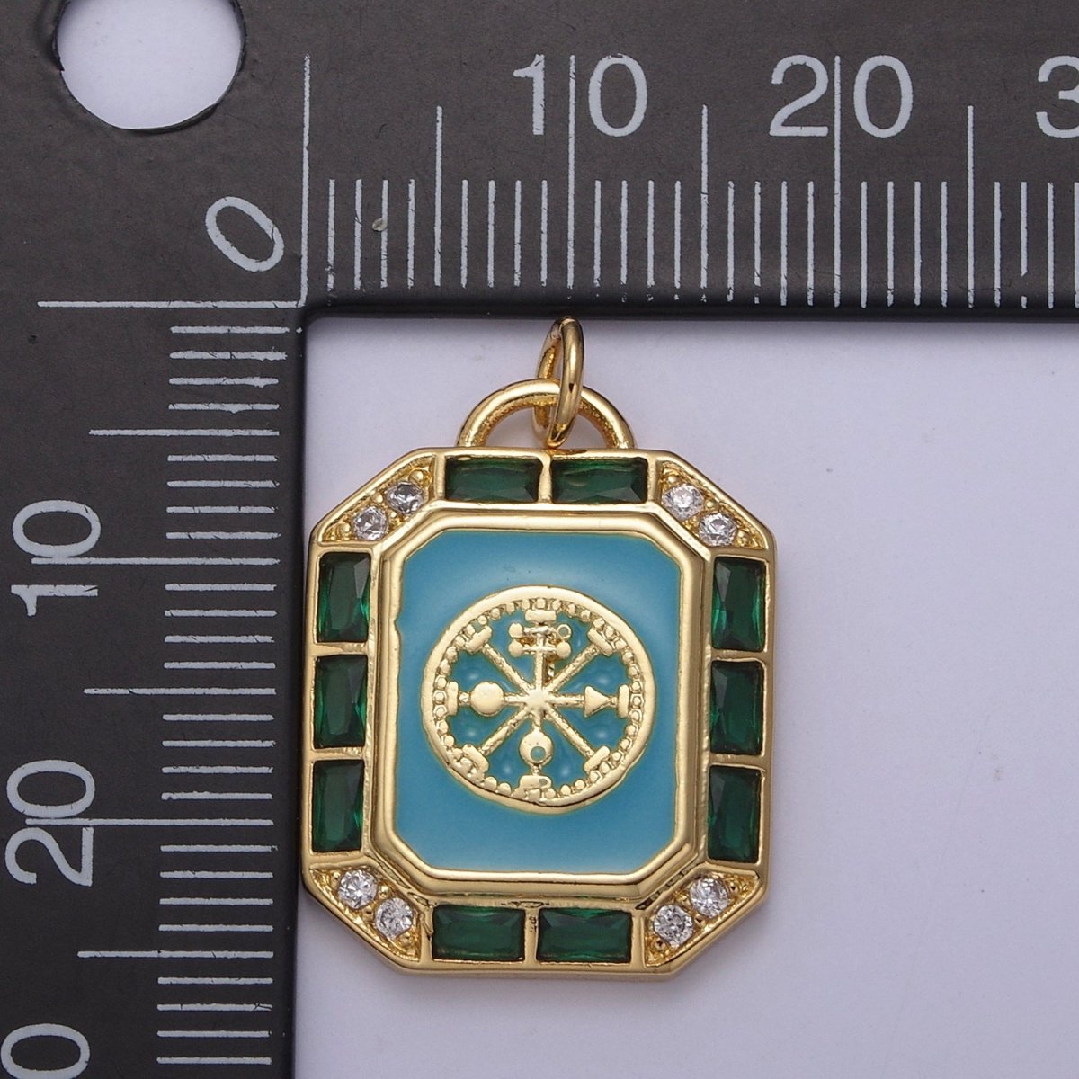 24K Gold Filled Blue / Teal Enamel Tag Tile Compass Baguette Octagonal Charm E-774 N-746