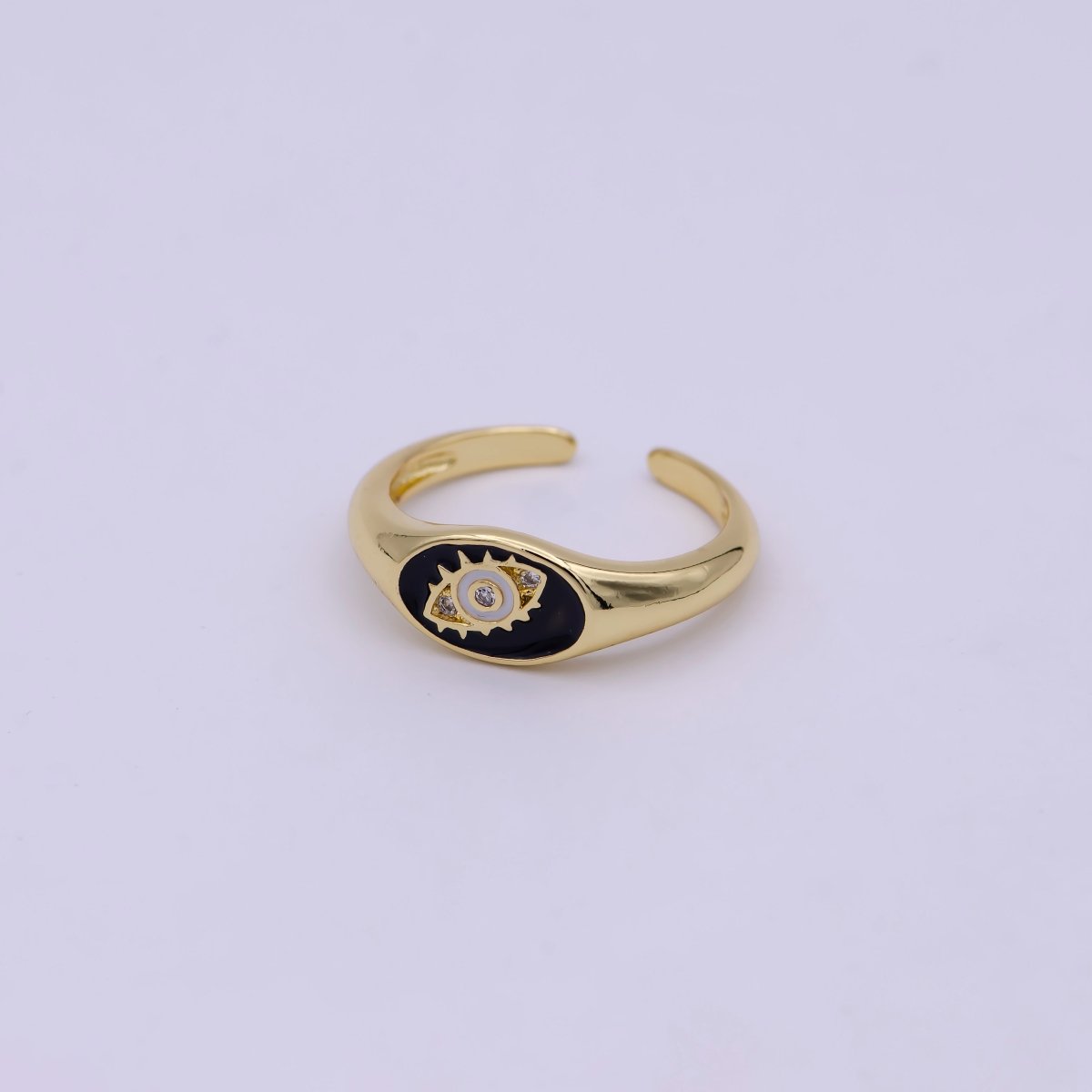24K Gold Filled Blue, White, Black Enamel CZ Evil Eye Signet Ring | U401 - U403