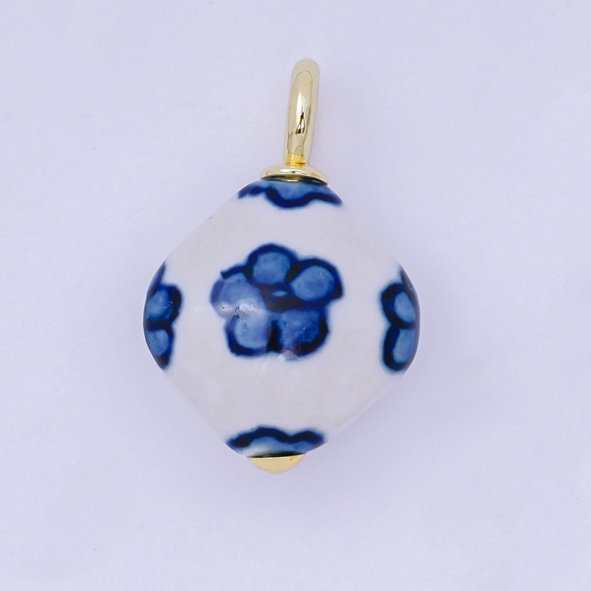 24K Gold Filled Blue-White Flower Geometric Porcelain Ceramic Drop Charm | AF1282