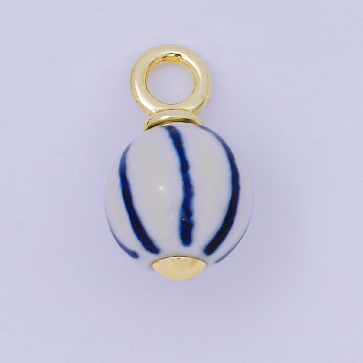 24K Gold Filled Blue-White Stripes Porcelain Ceramic Oblong Drop Charm | AF1279