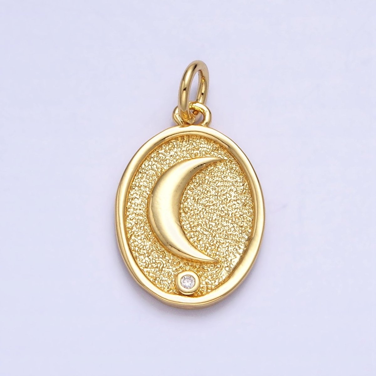 24K Gold Filled Celestial Crescent Moon CZ Textured Oval Charm | AC449
