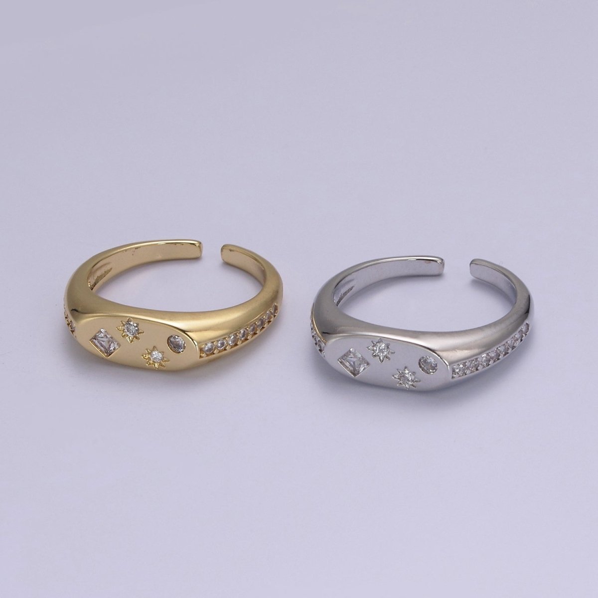 24K Gold Filled Celestial Star Cuff Ring, Micro Pave Crystal Cubic Zirconia CZ Flat Signet Ring in Gold & Silver S-321 S-322
