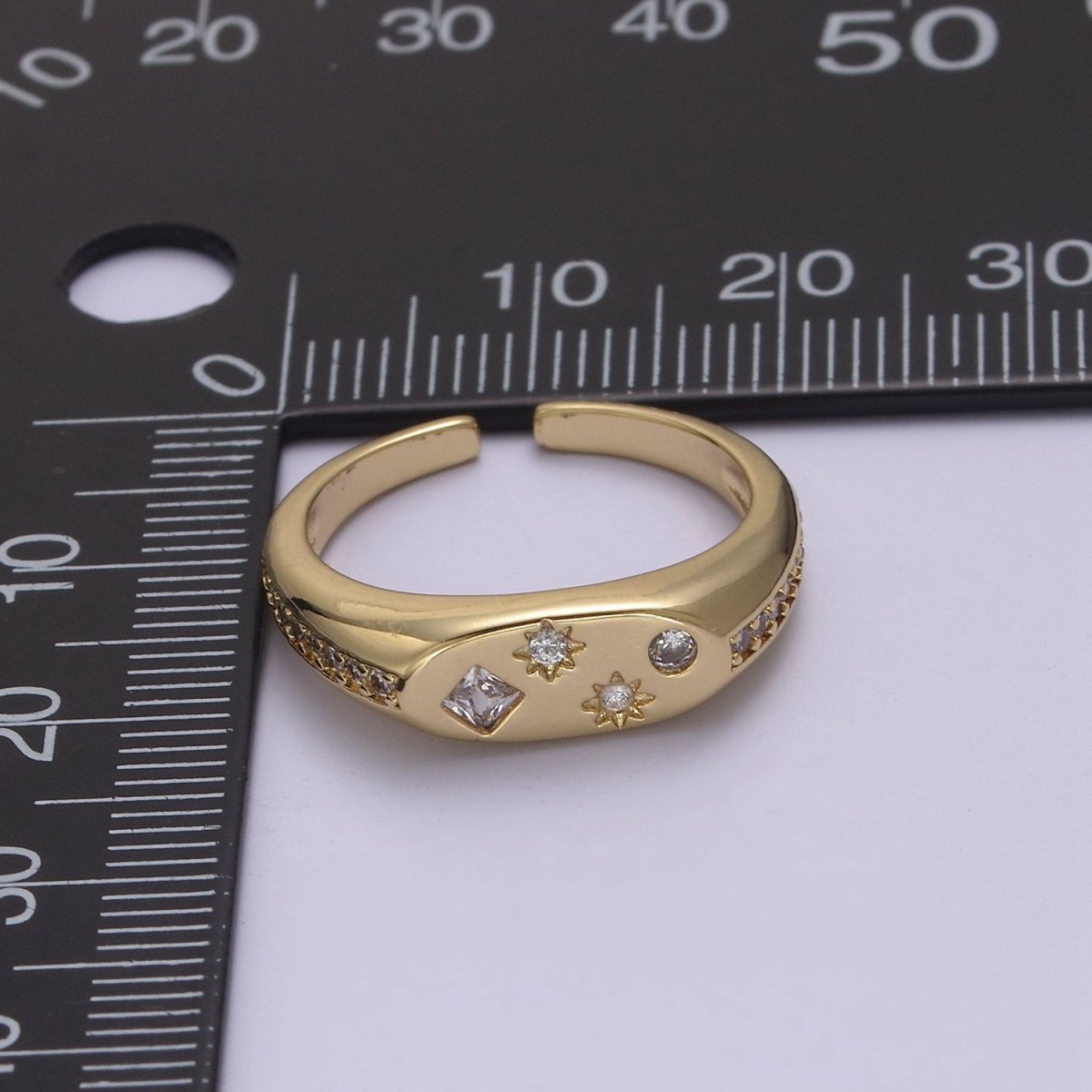 24K Gold Filled Celestial Star Cuff Ring, Micro Pave Crystal Cubic Zirconia CZ Flat Signet Ring in Gold & Silver S-321 S-322