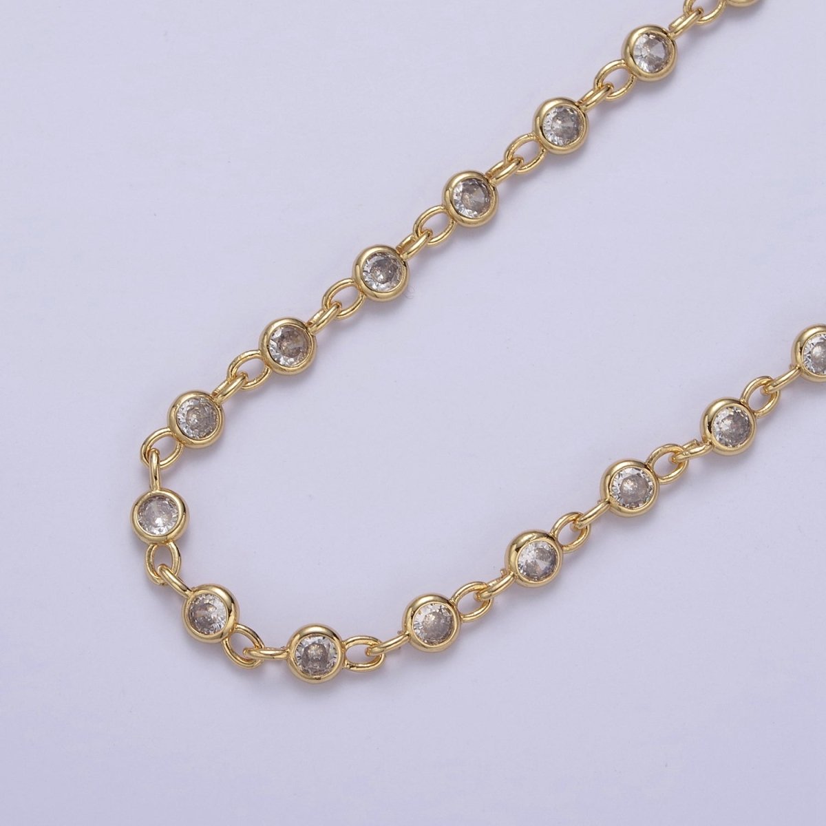 24k Gold Filled Chain Round CZ Chain by Foot / Yard Bulk Chain Round Bezel Cut Cubic Chains 5mm CZ Chain Unsoldered | ROLL-743 to ROLL-746 Clearance Pricing
