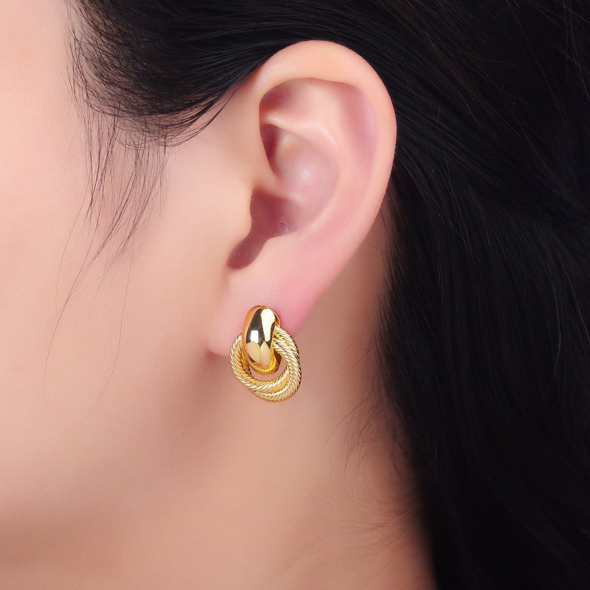 24K Gold Filled Circular Croissant Knot Doorknocker Drop Stud Earrings in Gold & Silver | Q490 AB744