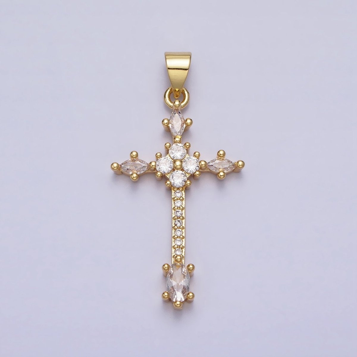 24K Gold Filled Clear, Black Marquise Micro Paved CZ Religious Cross Pendant | AA205 AA209
