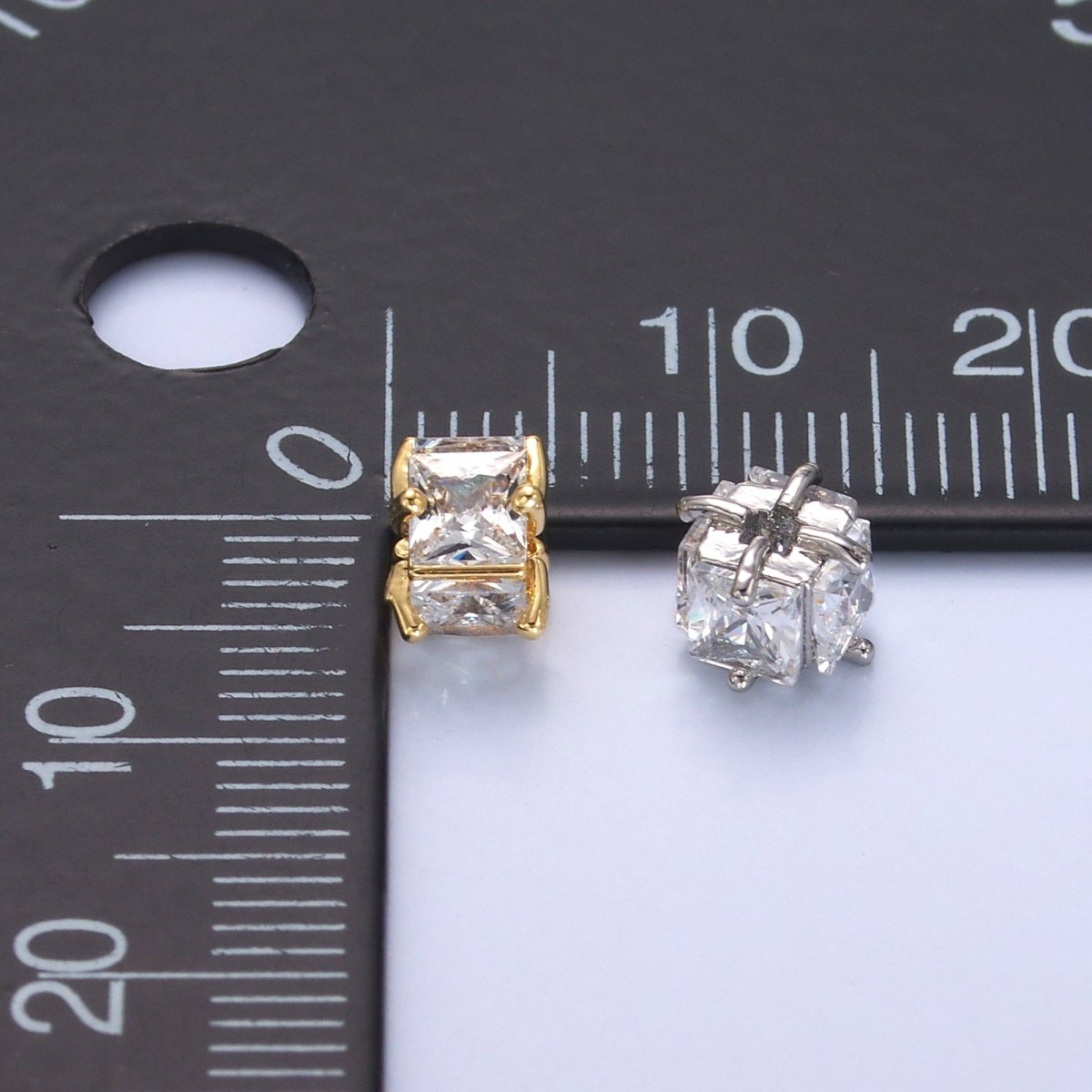 24K Gold Filled Clear CZ Baguette Square Rondelle Bead in Gold & Silver | B641