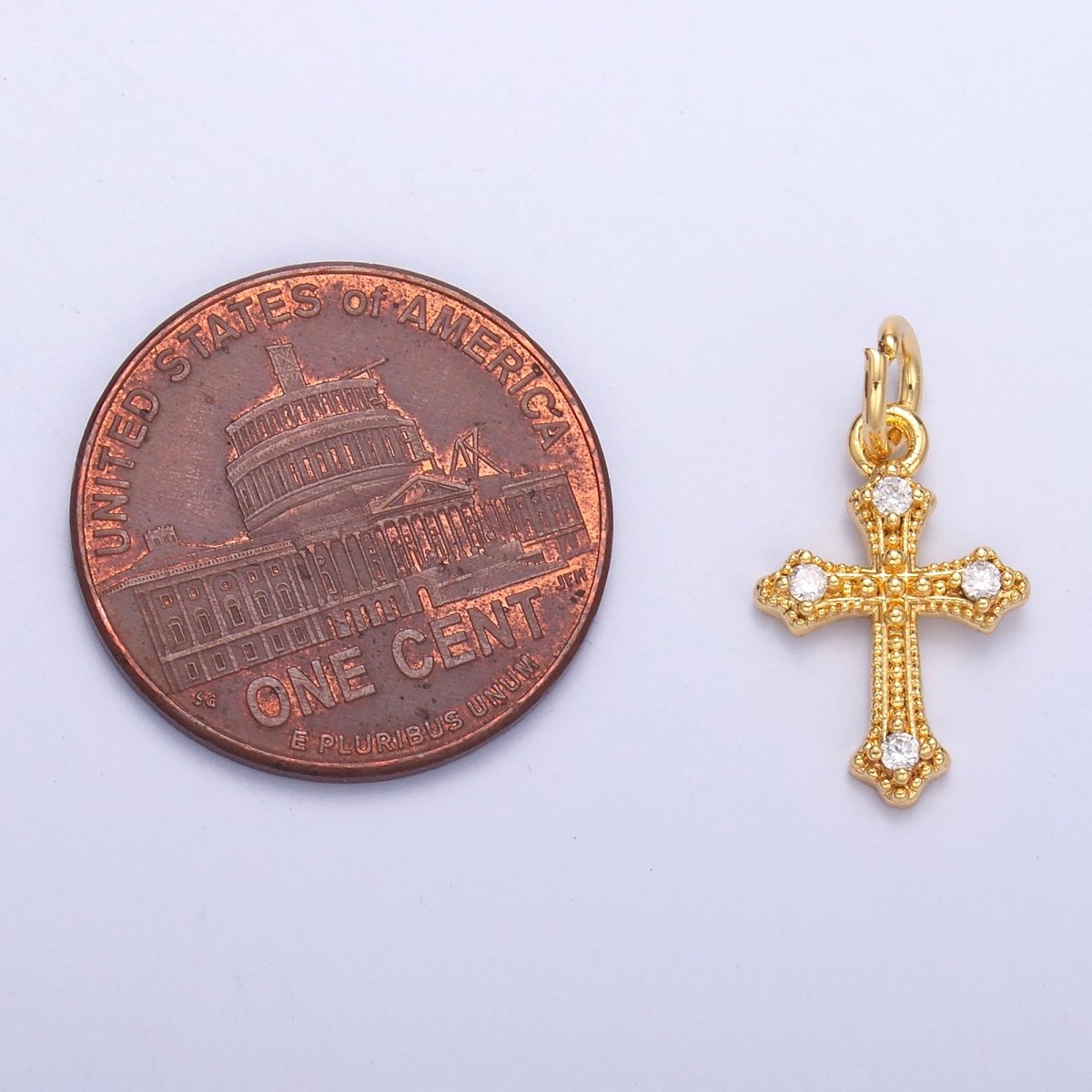 24K Gold Filled Clear CZ Dotted Passion Cross Charm in Gold & Silver | N071
