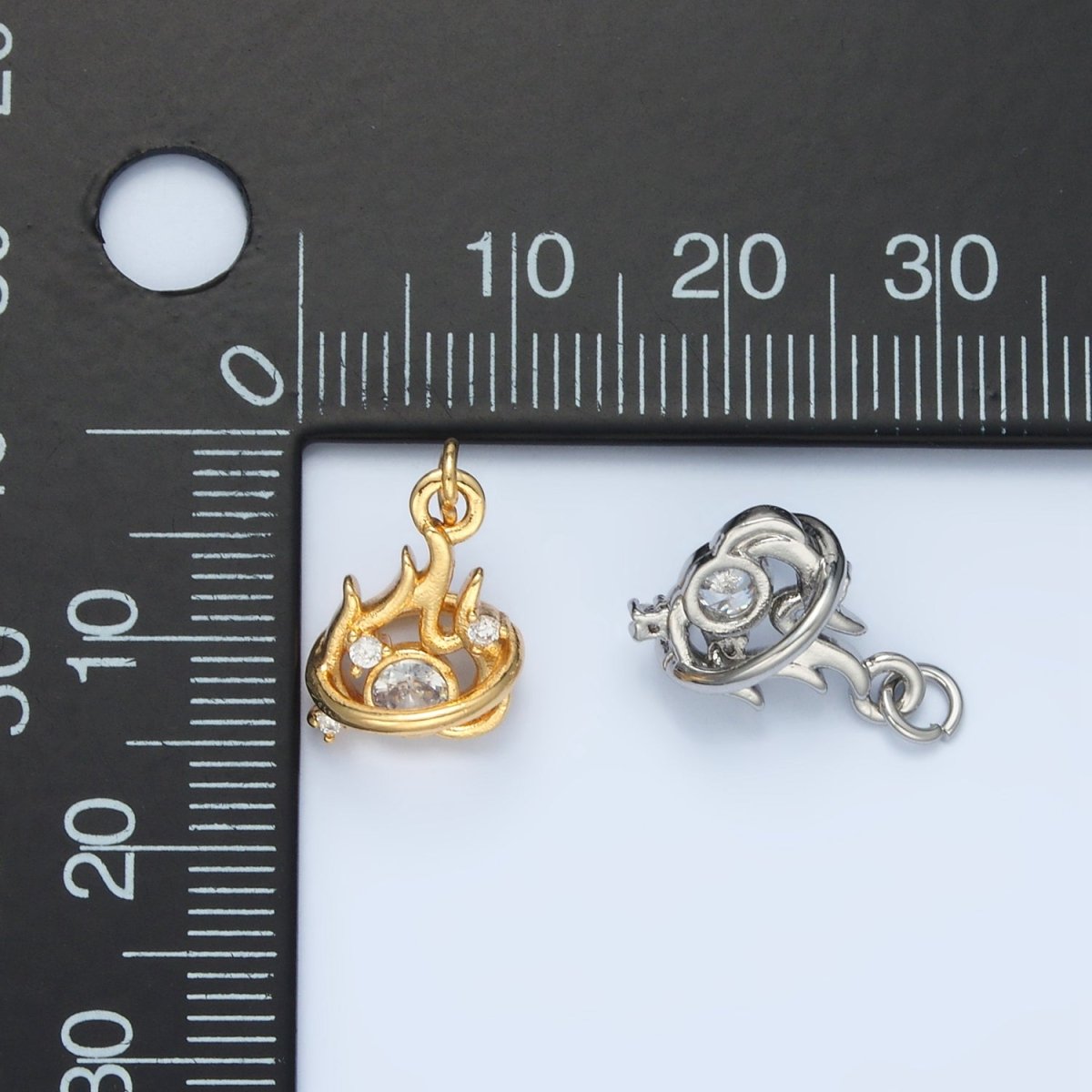 24K Gold Filled 13mm Clear CZ Fire Flame Mini Charm in Gold & Silver | E379