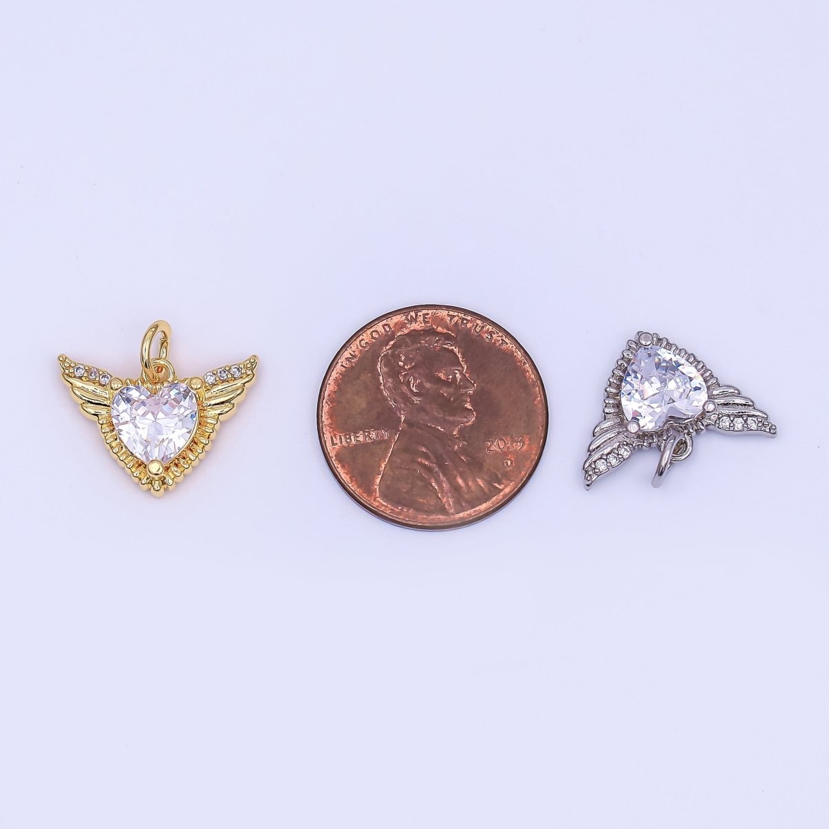 24K Gold Filled 12mm Clear CZ Heart Wings Mini Charm in Gold & Silver | AF435