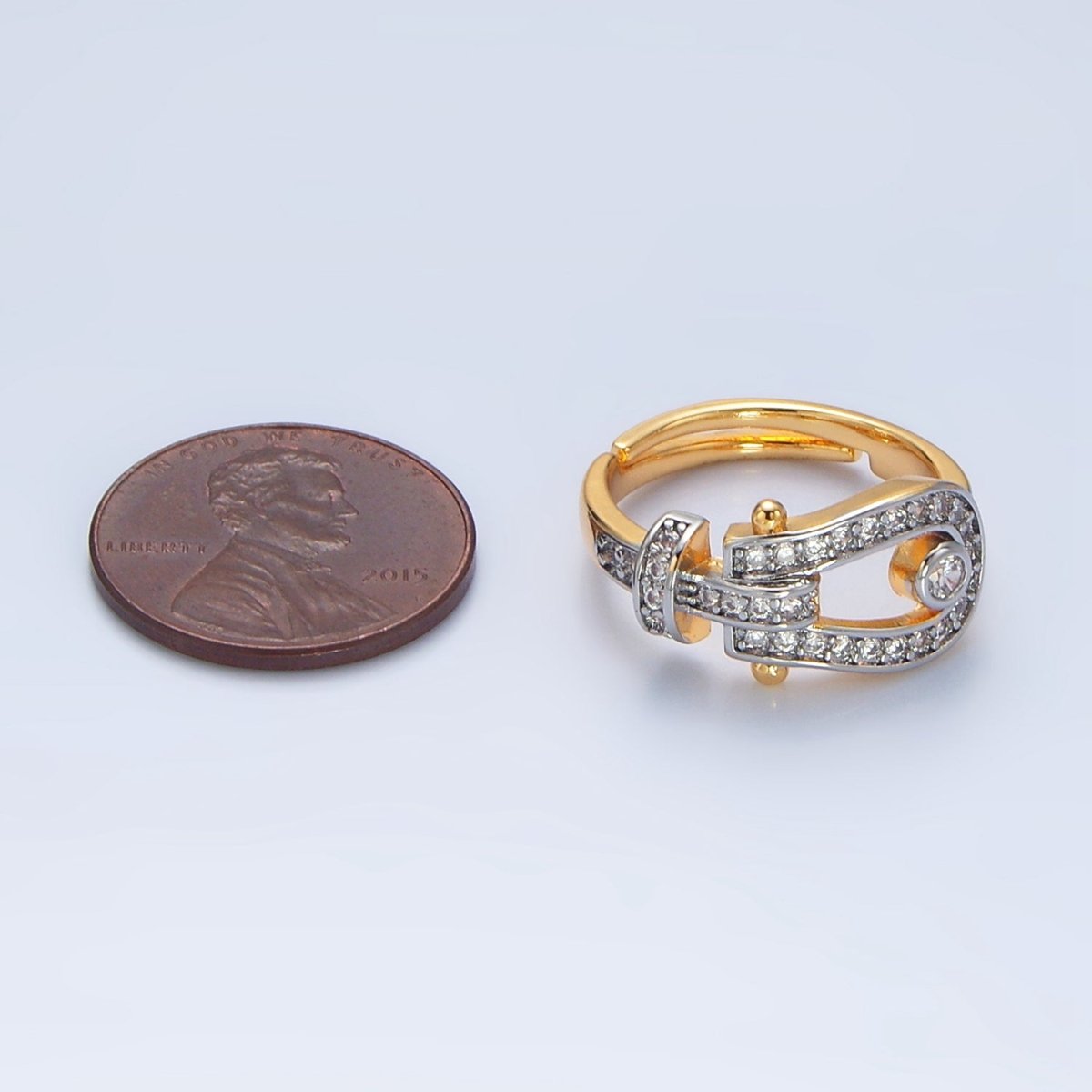 24K Gold Filled Clear CZ Micro Paved Buckle Mixed Metal Ring | O1410