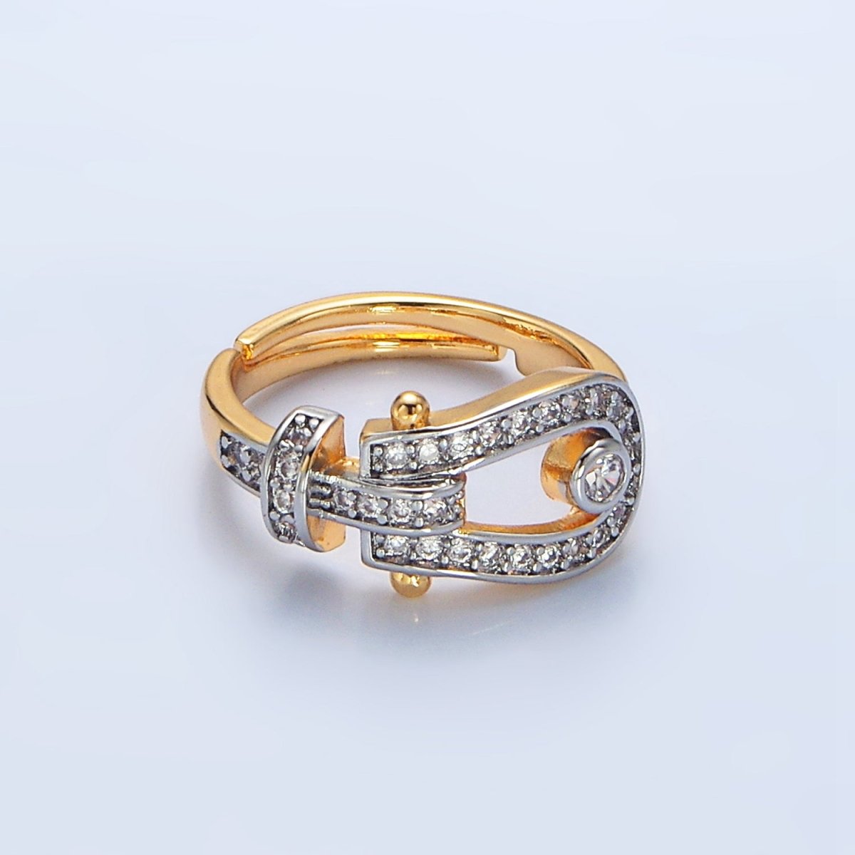 24K Gold Filled Clear CZ Micro Paved Buckle Mixed Metal Ring | O1410