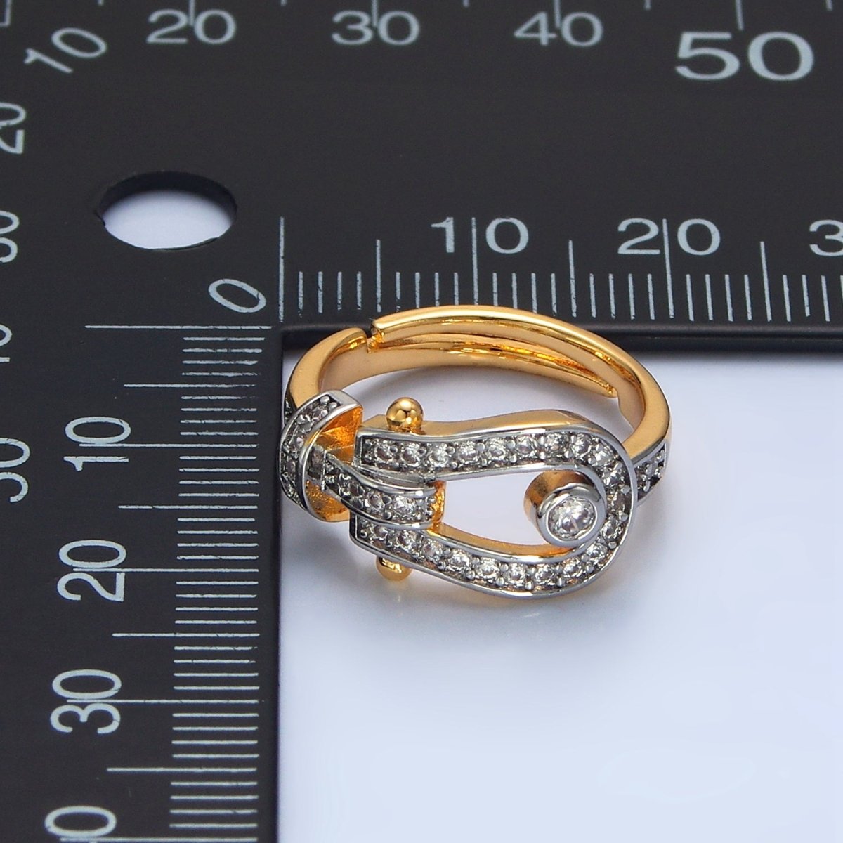 24K Gold Filled Clear CZ Micro Paved Buckle Mixed Metal Ring | O1410
