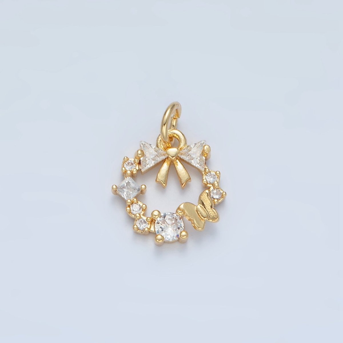 24k Gold Filled Clear CZ Micro Paved Butterfly Ribbon Bow Round Circle Charm | X456