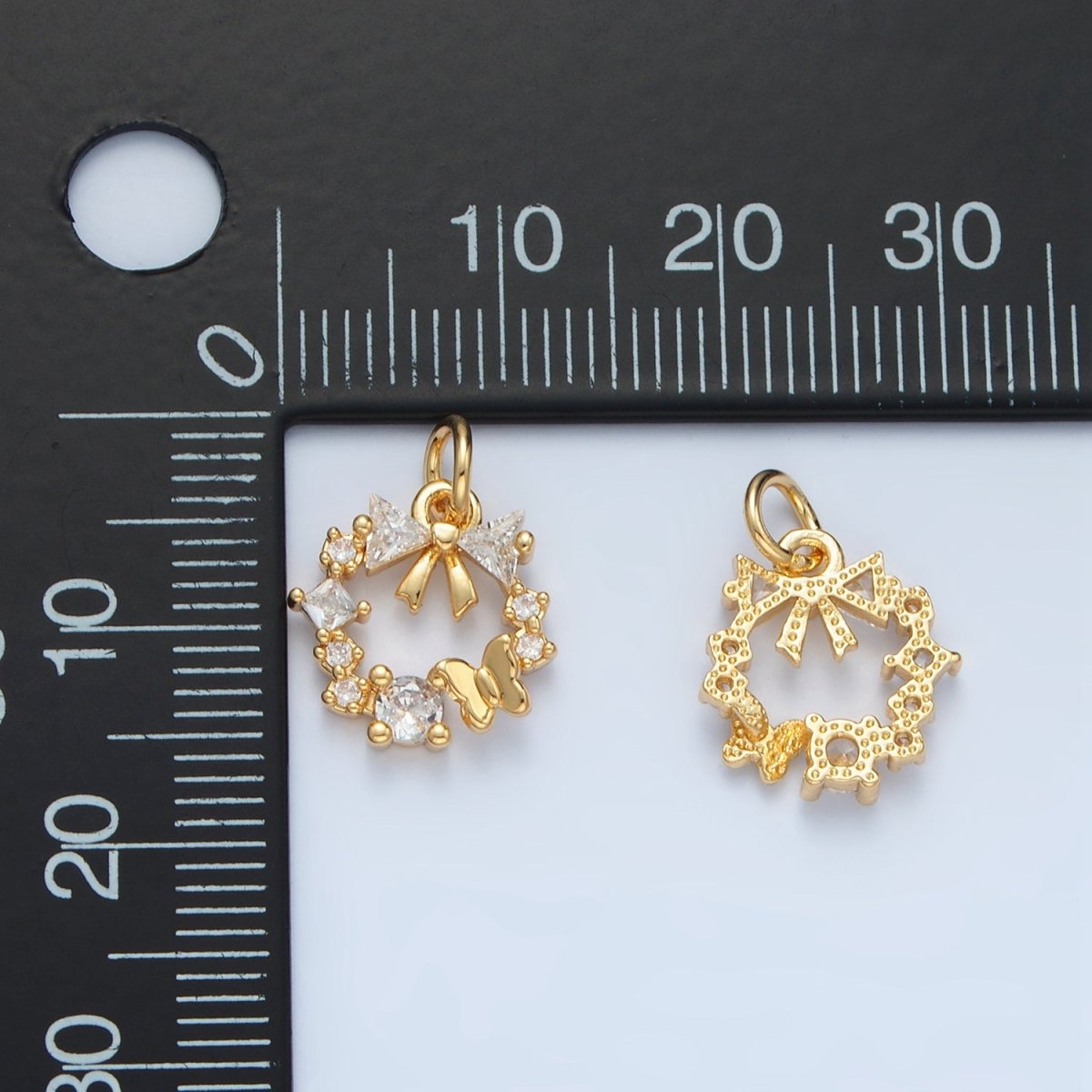 24k Gold Filled Clear CZ Micro Paved Butterfly Ribbon Bow Round Circle Charm | X456