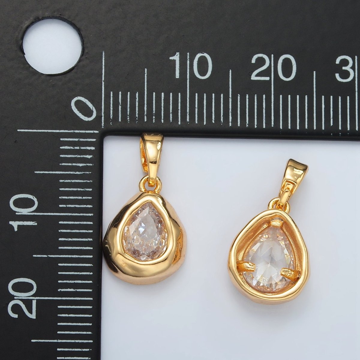 24K Gold Filled Clear CZ Teardrop Hammered Bezel Pendant | H515