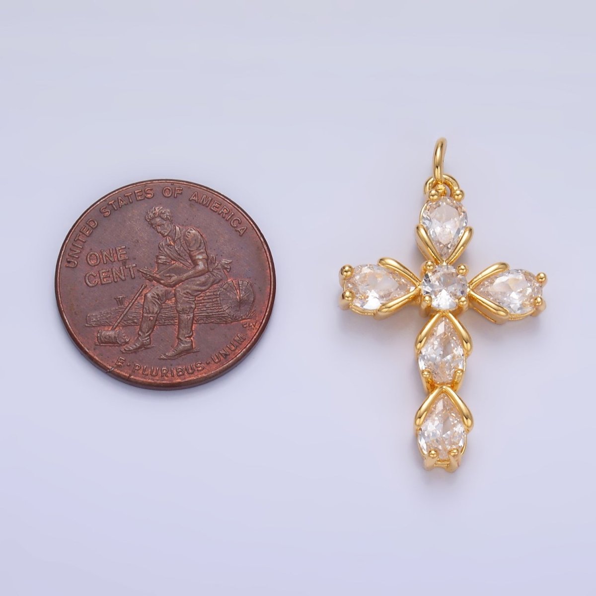 24K Gold Filled 27mm Clear CZ Teardrop Religious Cross Charm in Gold & Silver | W410