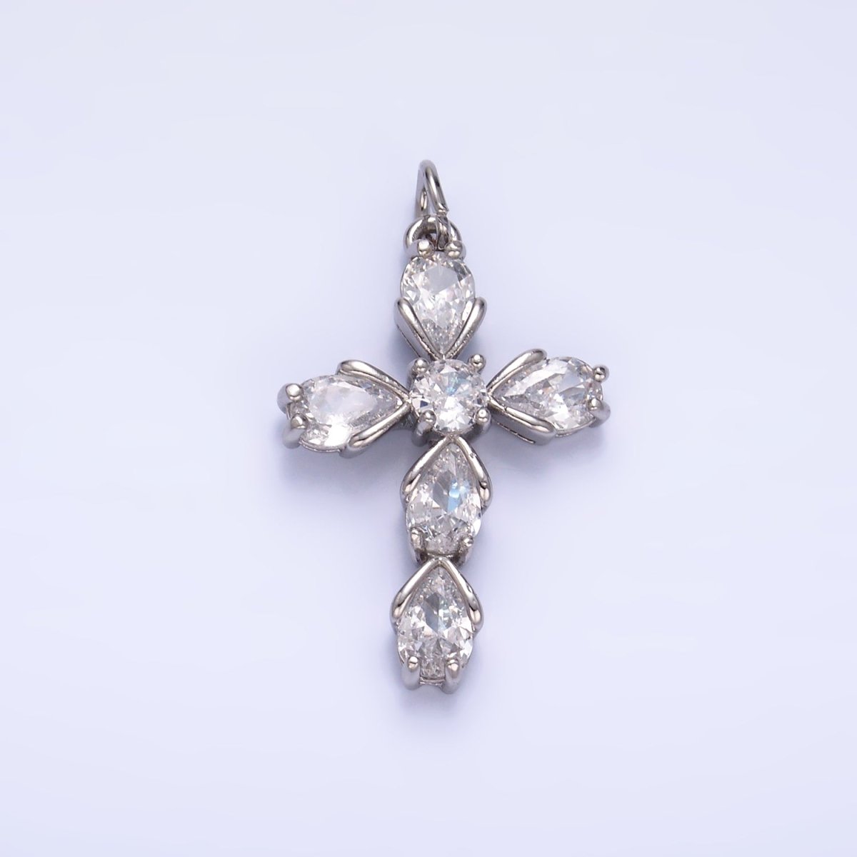 24K Gold Filled 27mm Clear CZ Teardrop Religious Cross Charm in Gold & Silver | W410