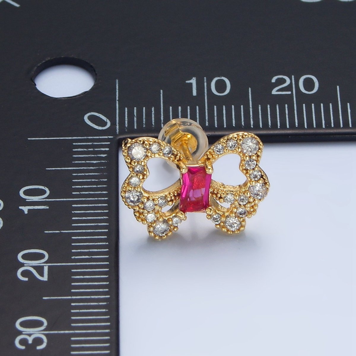 24K Gold Filled Clear, Fuchsia Baguette Micro Paved CZ Butterfly Stud Earrings | AD773 P062