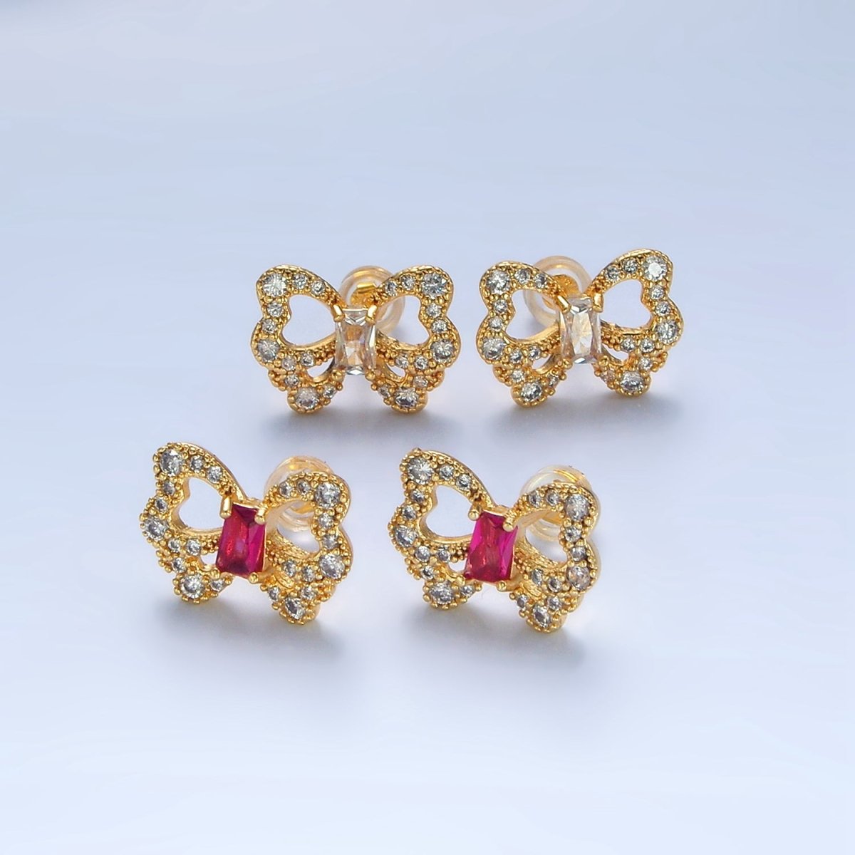 24K Gold Filled Clear, Fuchsia Baguette Micro Paved CZ Butterfly Stud Earrings | AD773 P062
